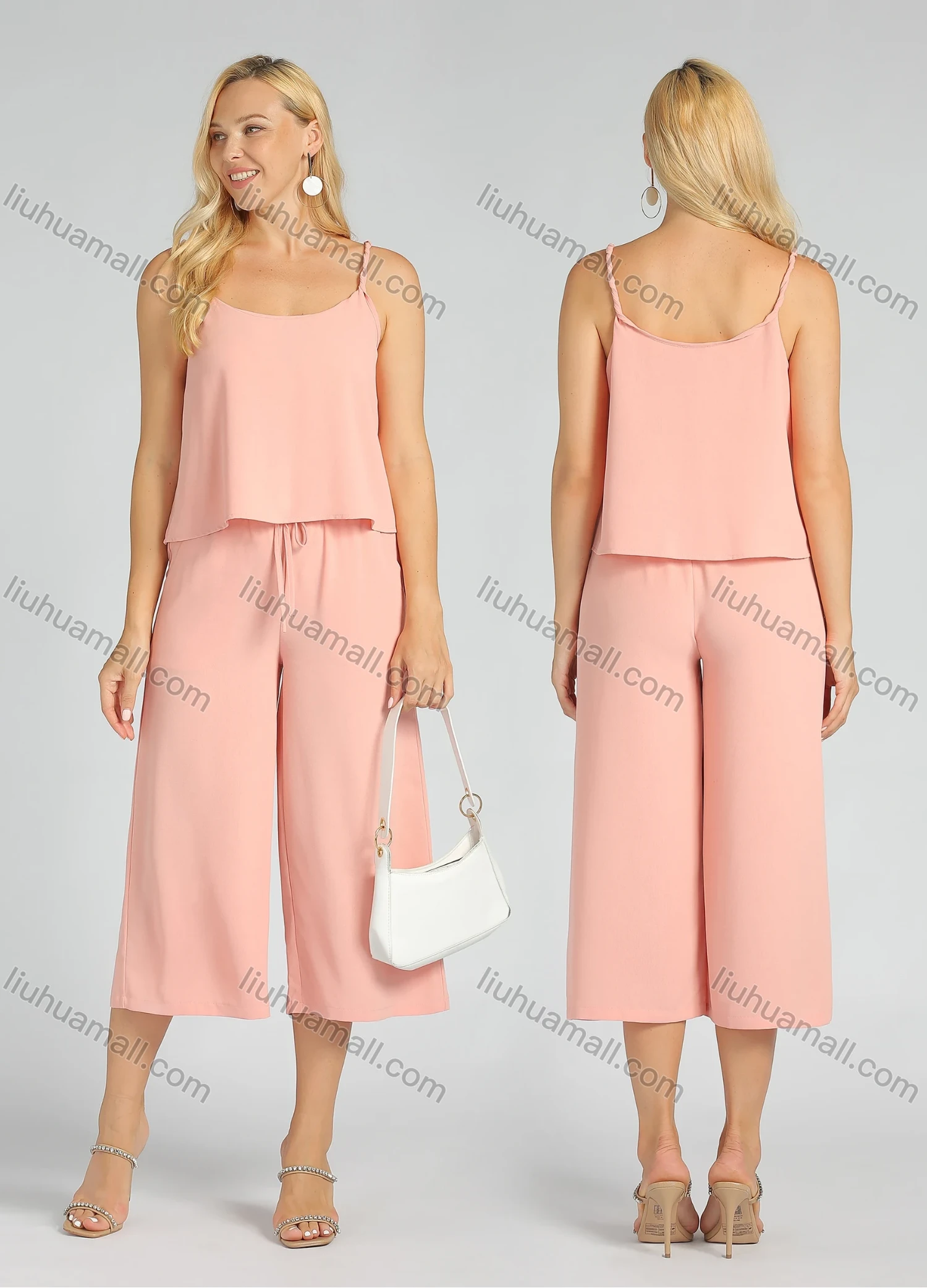 Wholesale Women's Casual Plain Spaghetti Strap Cami Crop Top & Drawstring Wide Leg Capris Pants Set - Liuhuamall