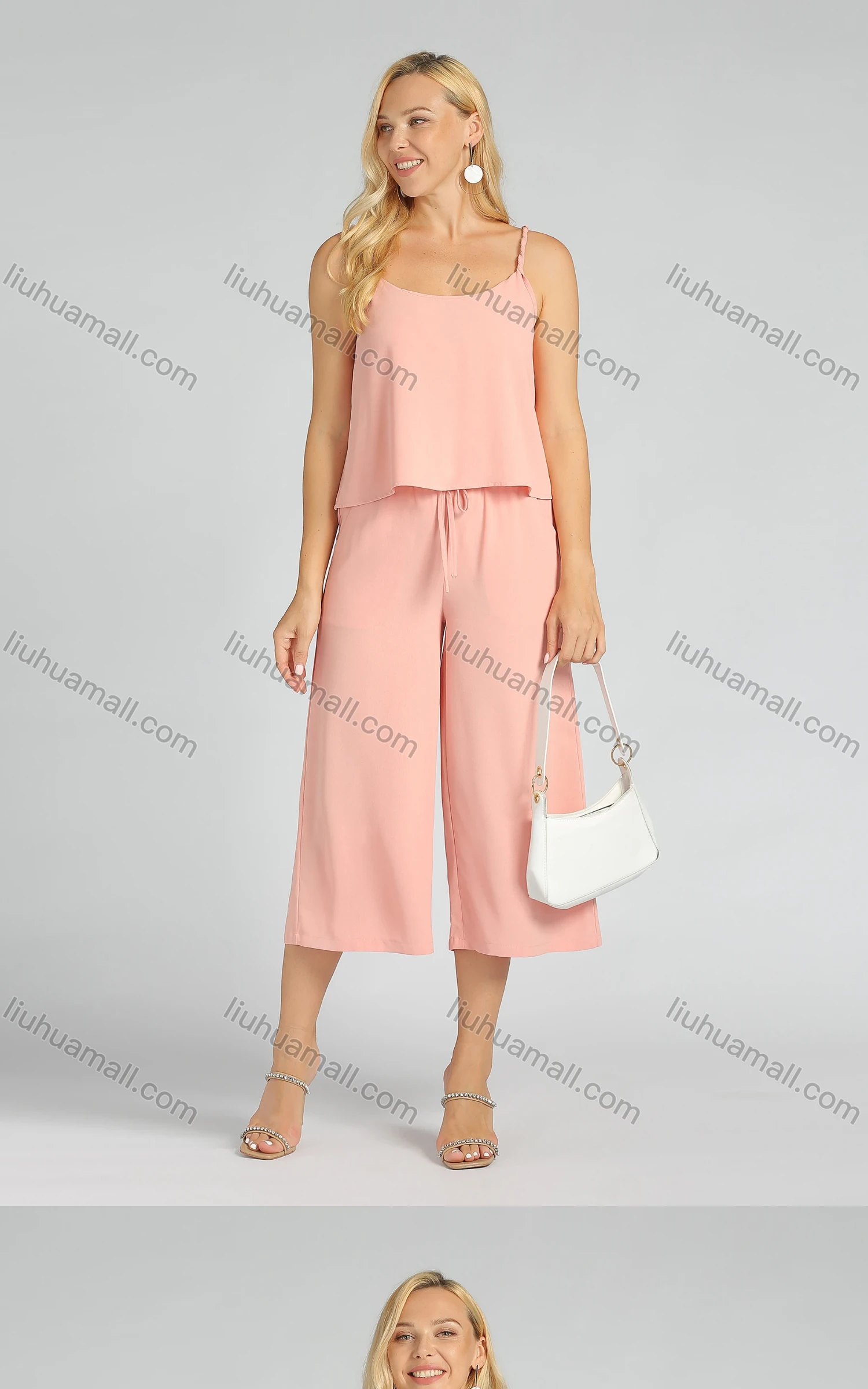 Wholesale Women's Casual Plain Spaghetti Strap Cami Crop Top & Drawstring Wide Leg Capris Pants Set - Liuhuamall