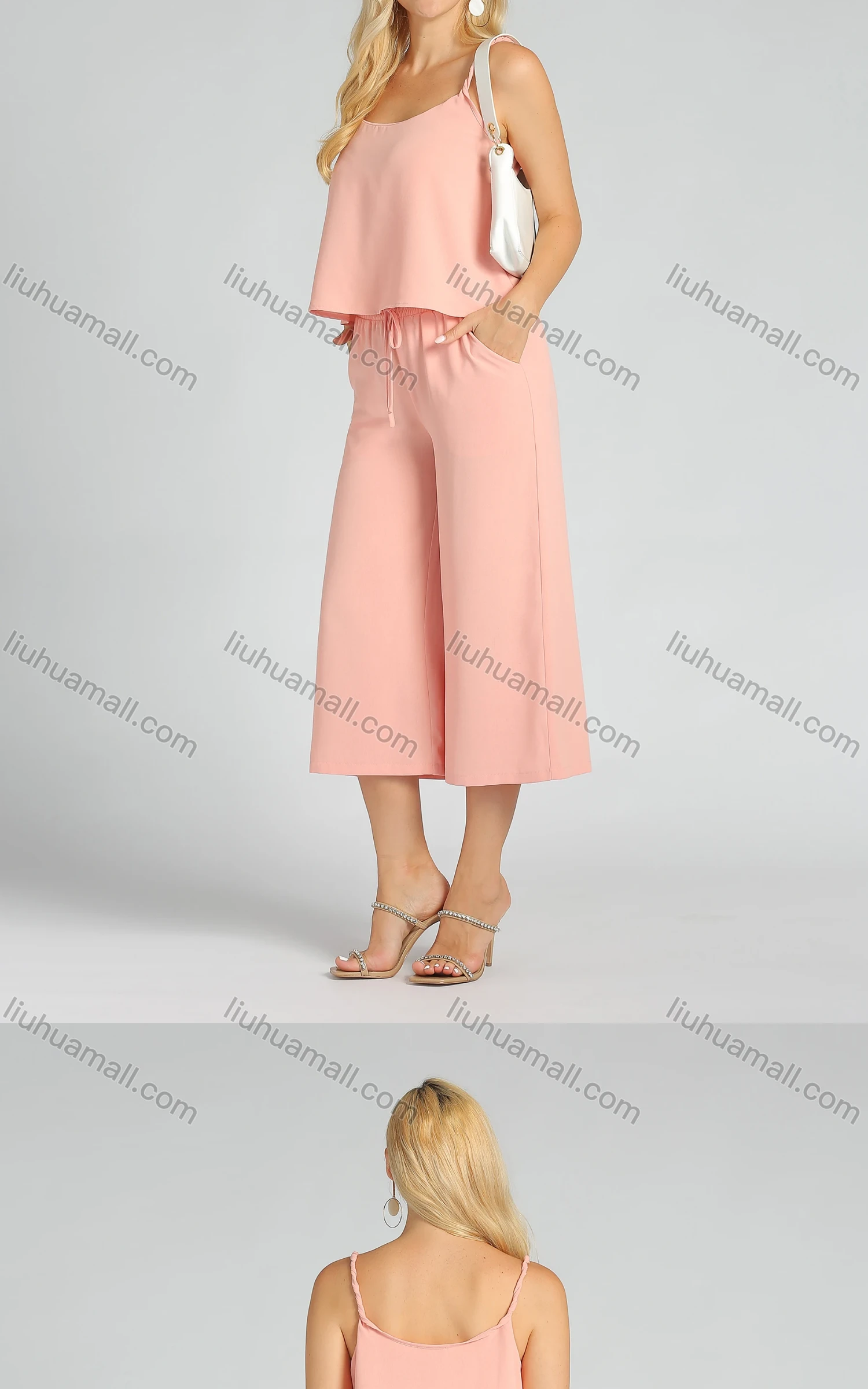 Wholesale Women's Casual Plain Spaghetti Strap Cami Crop Top & Drawstring Wide Leg Capris Pants Set - Liuhuamall