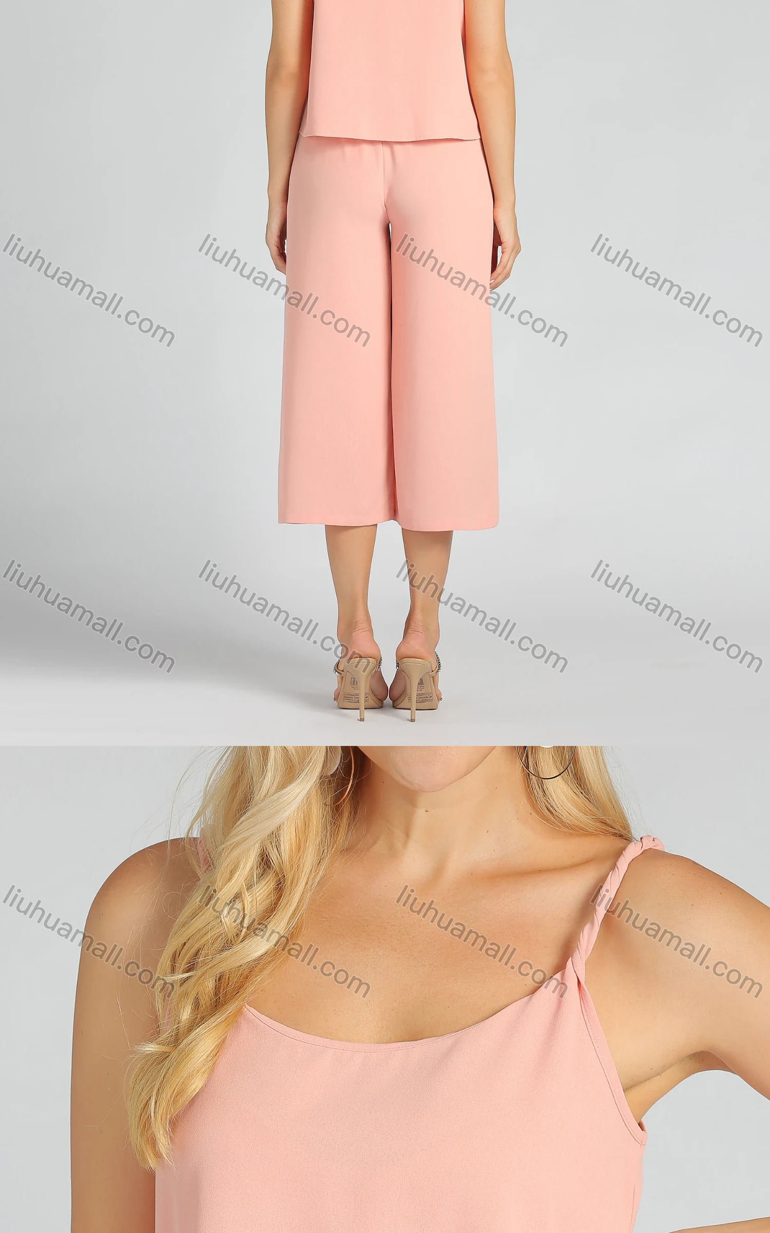 Wholesale Women's Casual Plain Spaghetti Strap Cami Crop Top & Drawstring Wide Leg Capris Pants Set - Liuhuamall