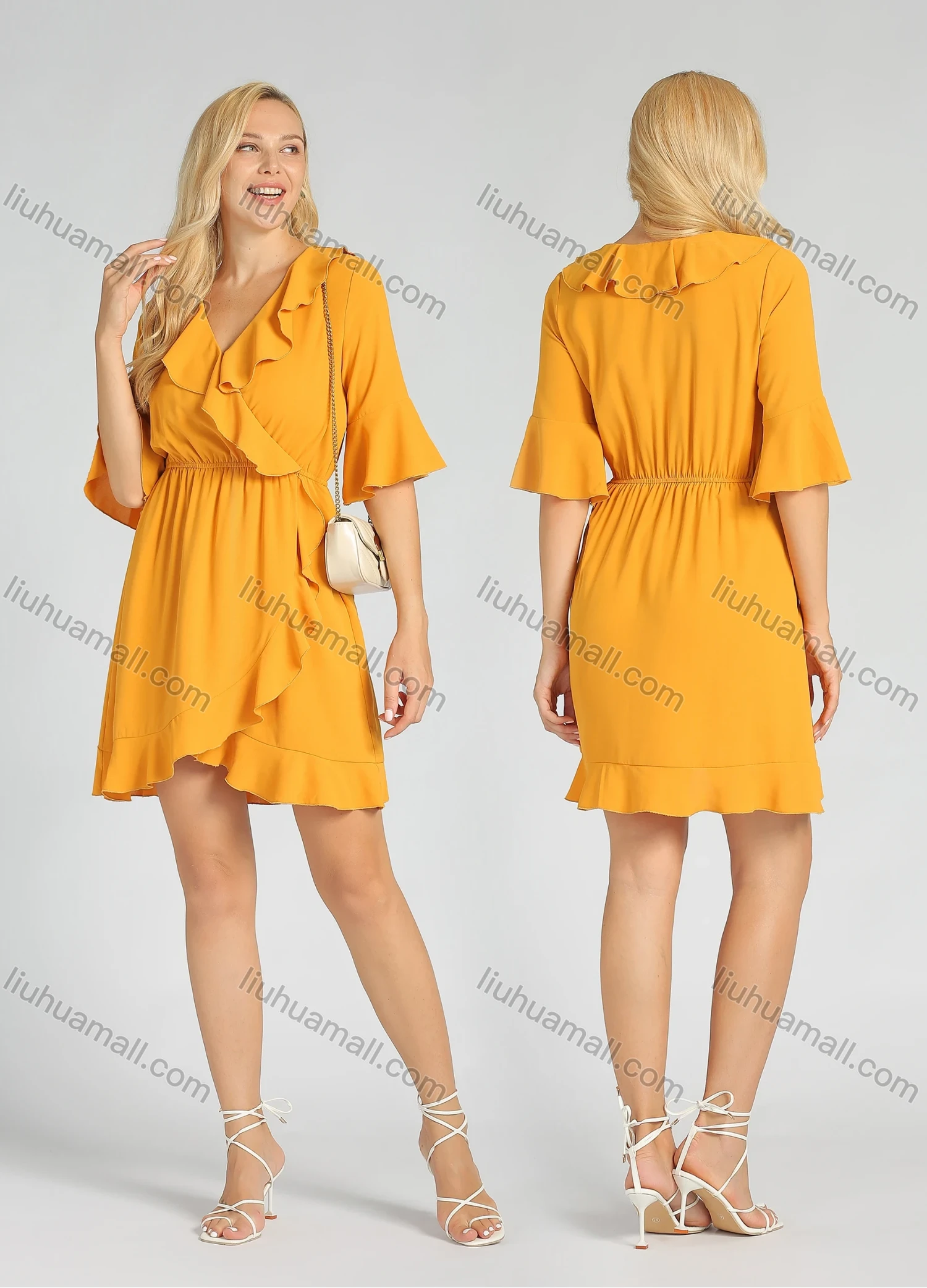 Wholesale Women's V-Neck Ruffle Trim Trumpet Sleeve Casual Wrap Hem Short Dress - Liuhuamall