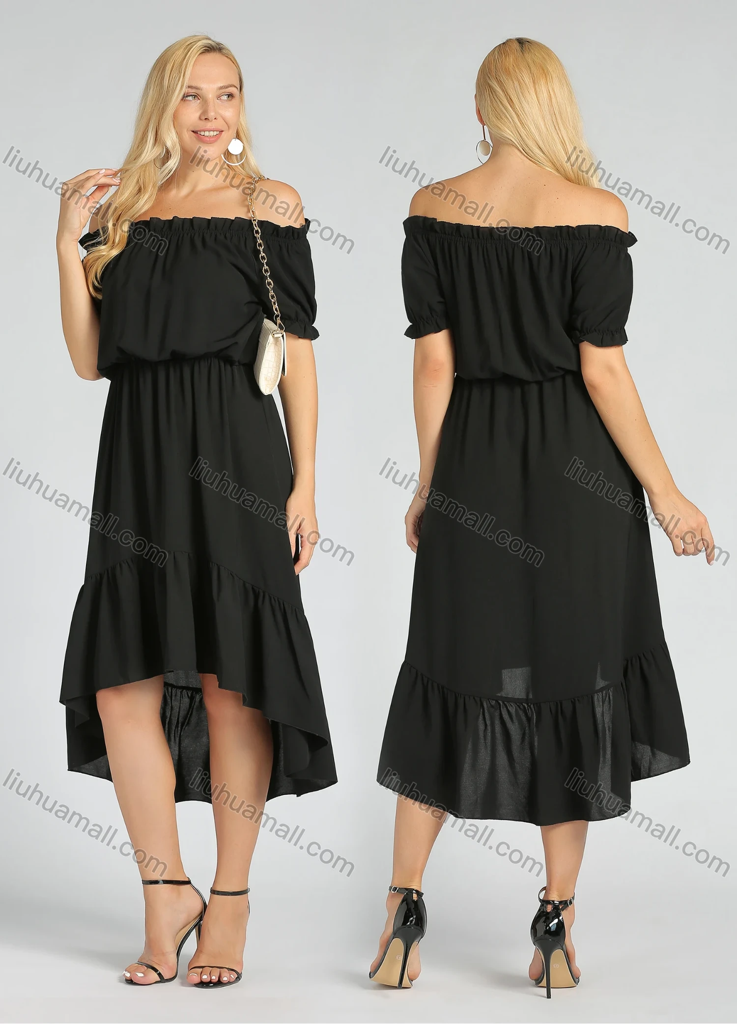 Wholesale Women's Ruched Off Shoulder High Waist High Low Hem Ruffle Trim Casual Midi Dress - Liuhuamall