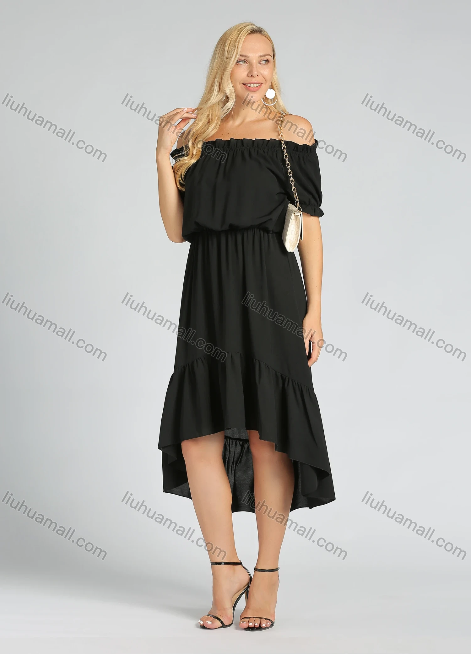 Wholesale Women's Ruched Off Shoulder High Waist High Low Hem Ruffle Trim Casual Midi Dress - Liuhuamall