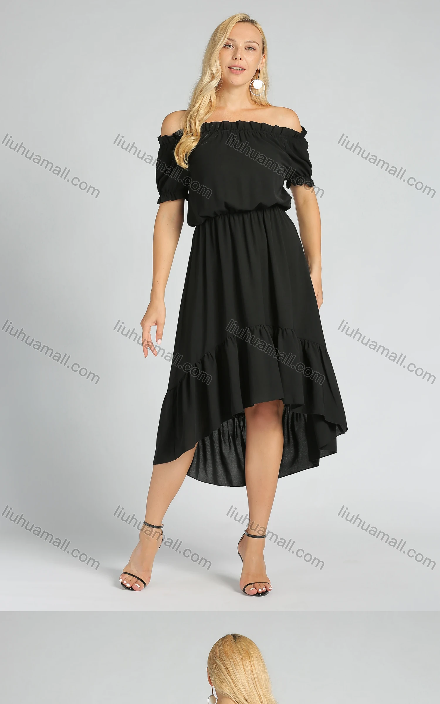 Wholesale Women's Ruched Off Shoulder High Waist High Low Hem Ruffle Trim Casual Midi Dress - Liuhuamall