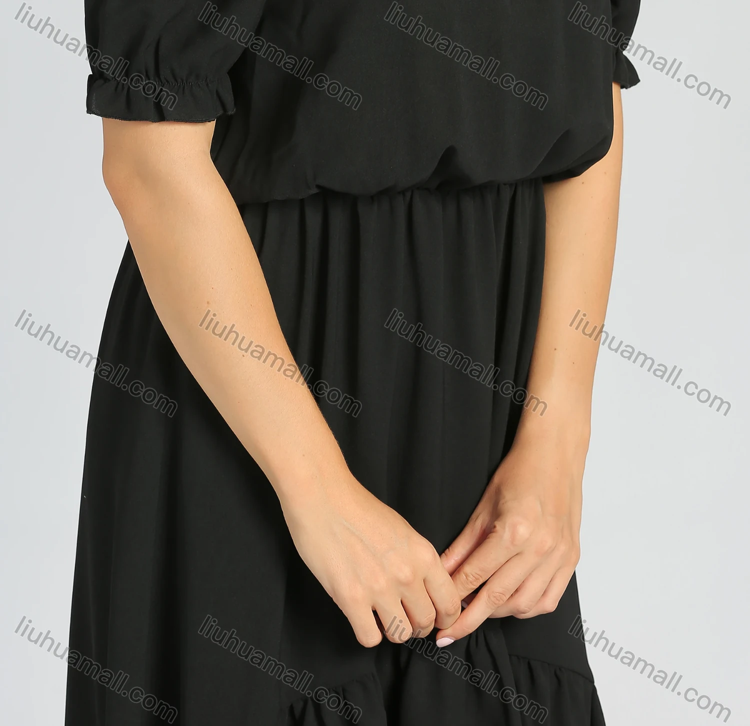 Wholesale Women's Ruched Off Shoulder High Waist High Low Hem Ruffle Trim Casual Midi Dress - Liuhuamall