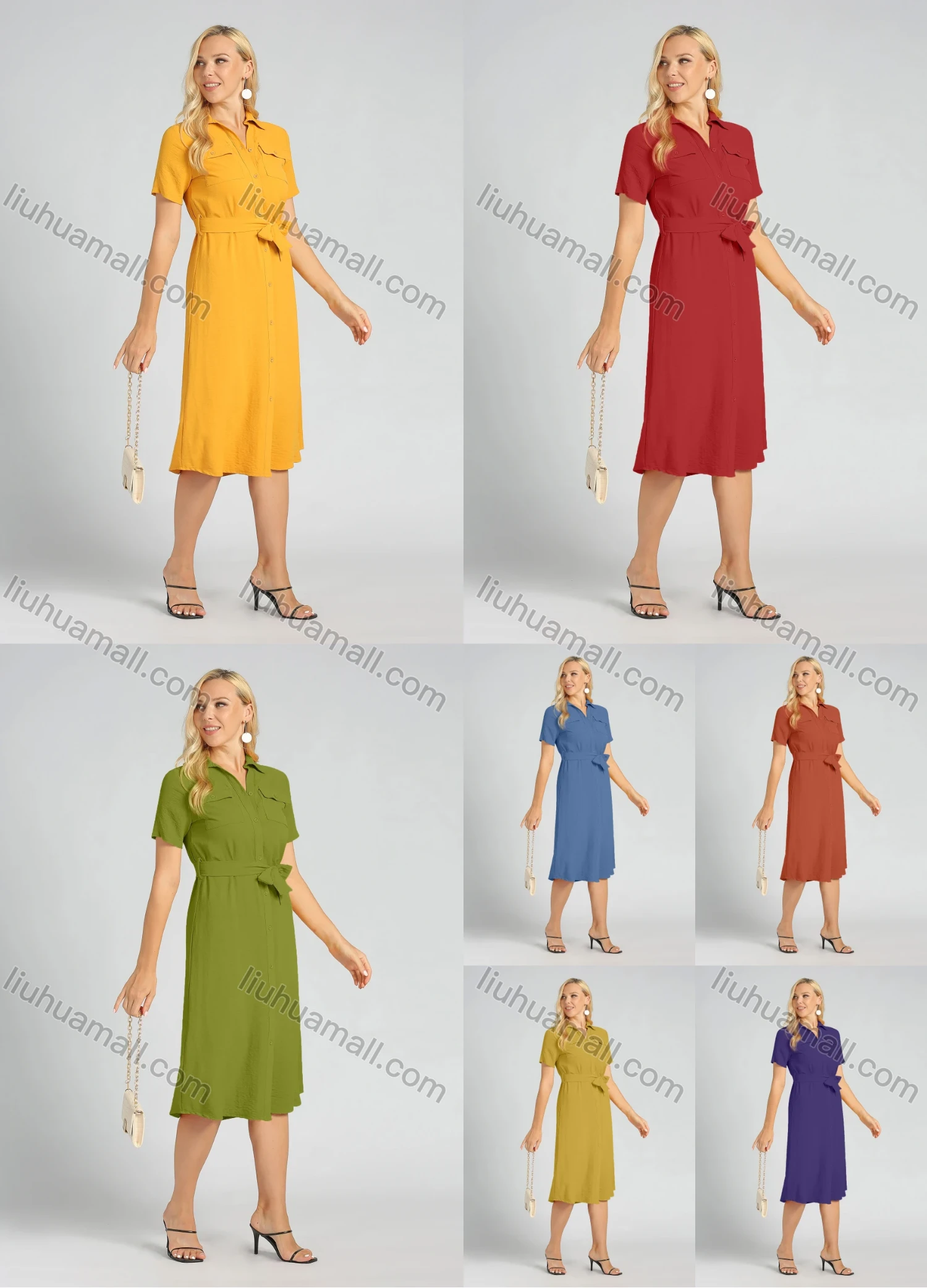 Wholesale Women's Casual Collared Button Front Belted Plain Midi Shirt Dress - Liuhuamall