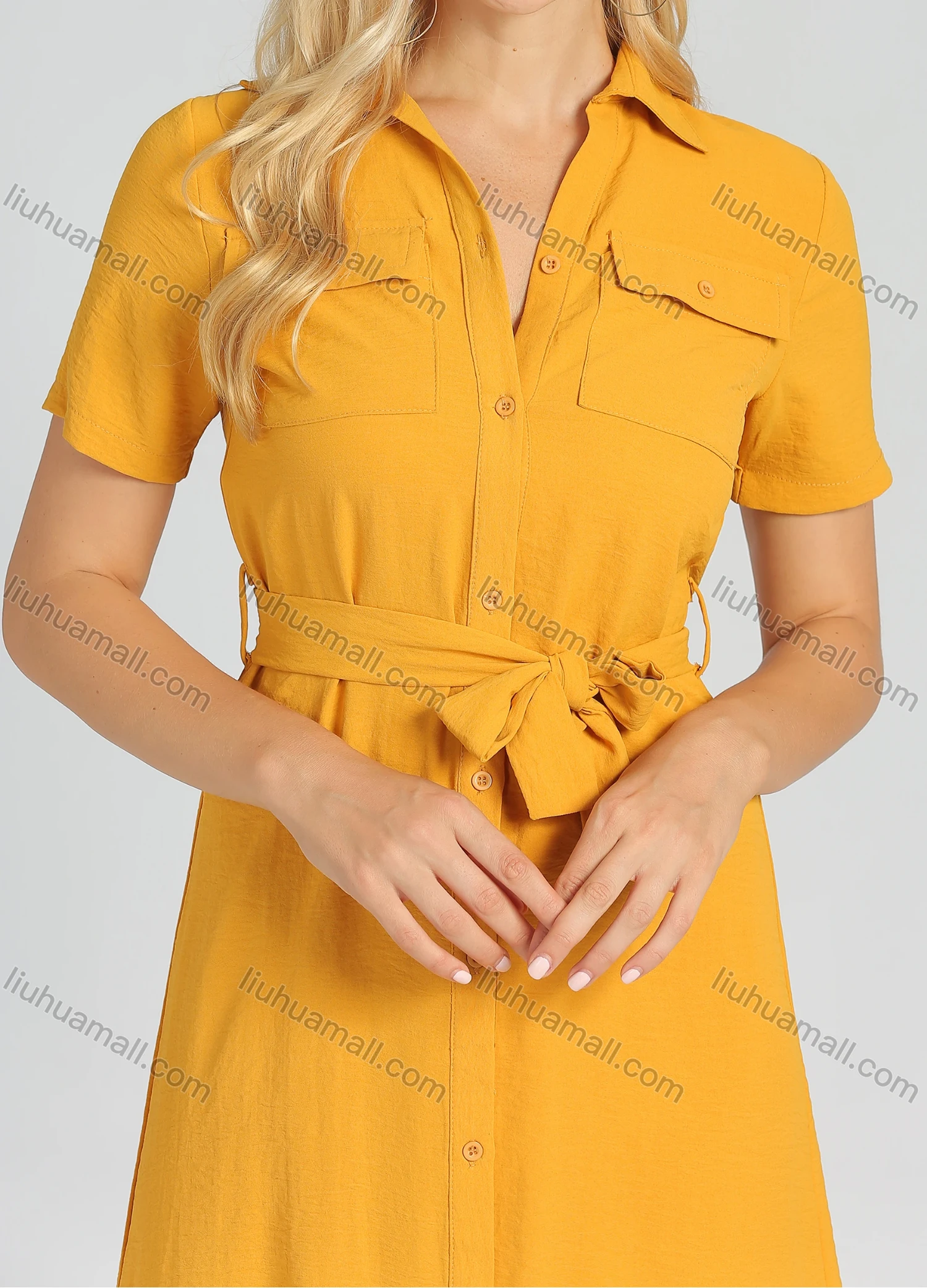 Wholesale Women's Casual Collared Button Front Belted Plain Midi Shirt Dress - Liuhuamall