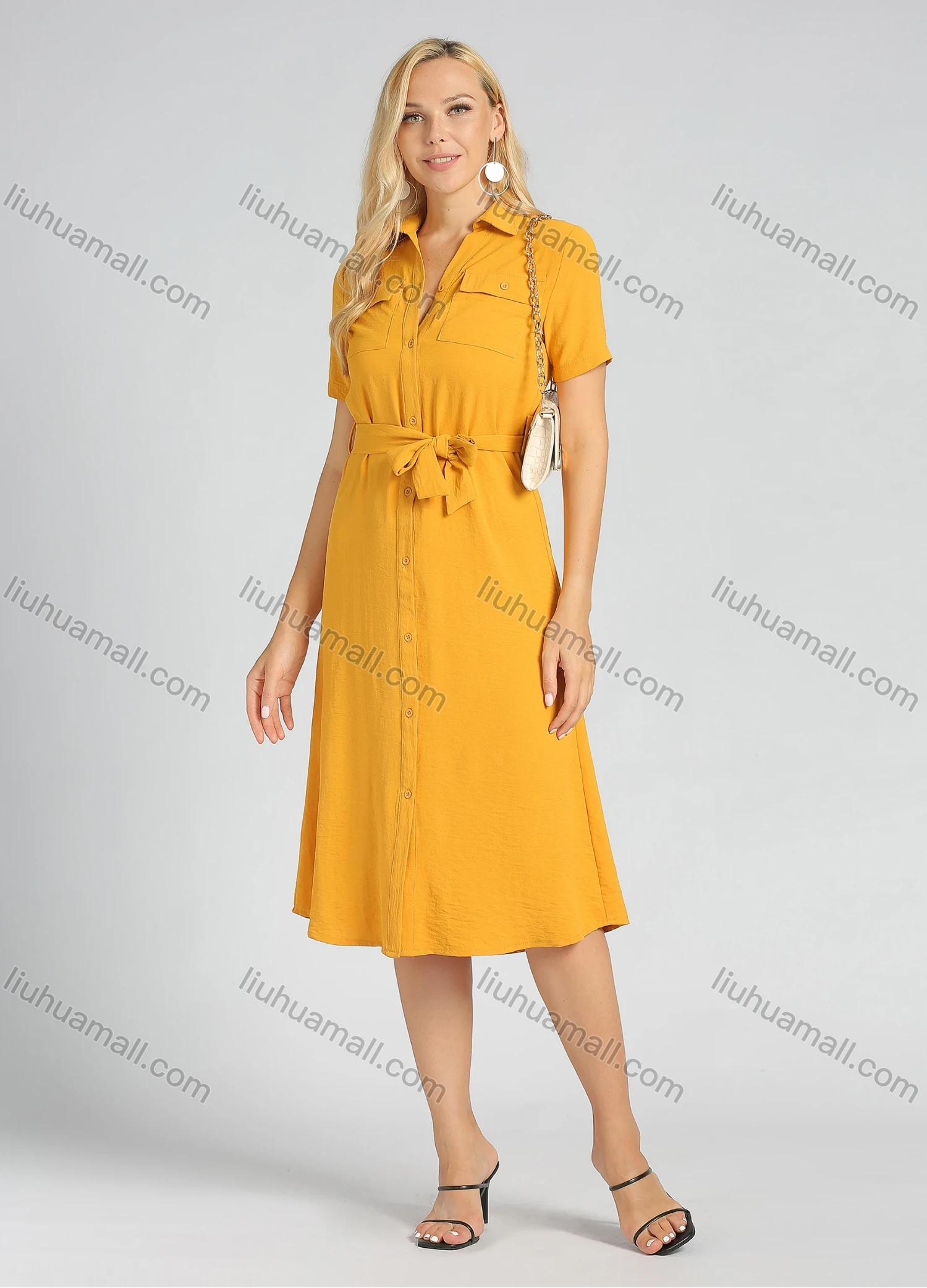 Wholesale Women's Casual Collared Button Front Belted Plain Midi Shirt Dress - Liuhuamall