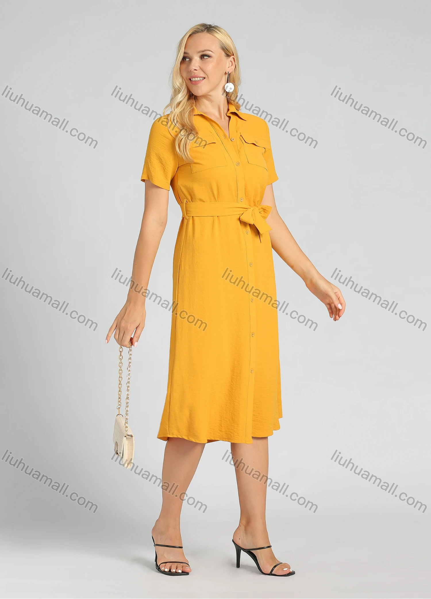 Wholesale Women's Casual Collared Button Front Belted Plain Midi Shirt Dress - Liuhuamall