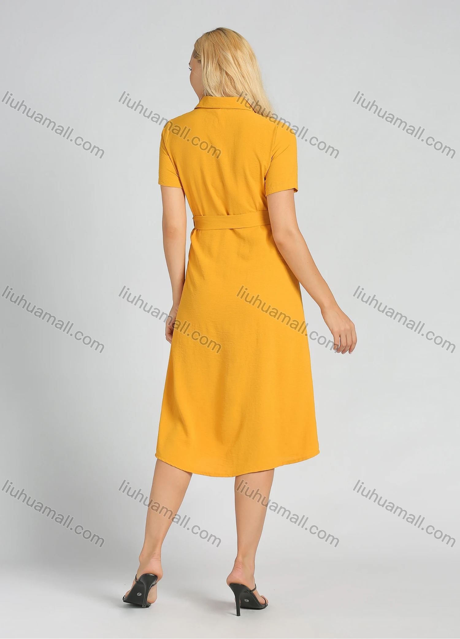Wholesale Women's Casual Collared Button Front Belted Plain Midi Shirt Dress - Liuhuamall