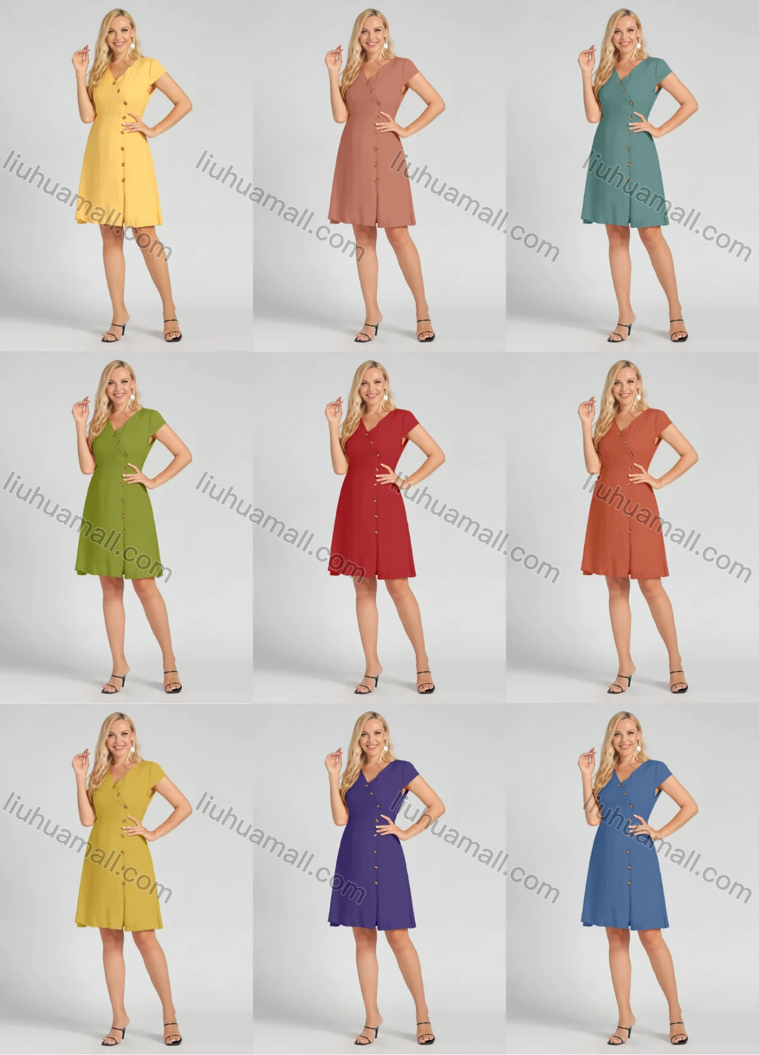 Wholesale Women's V Neck Asymmetrical Button Front Short Dress - Liuhuamall