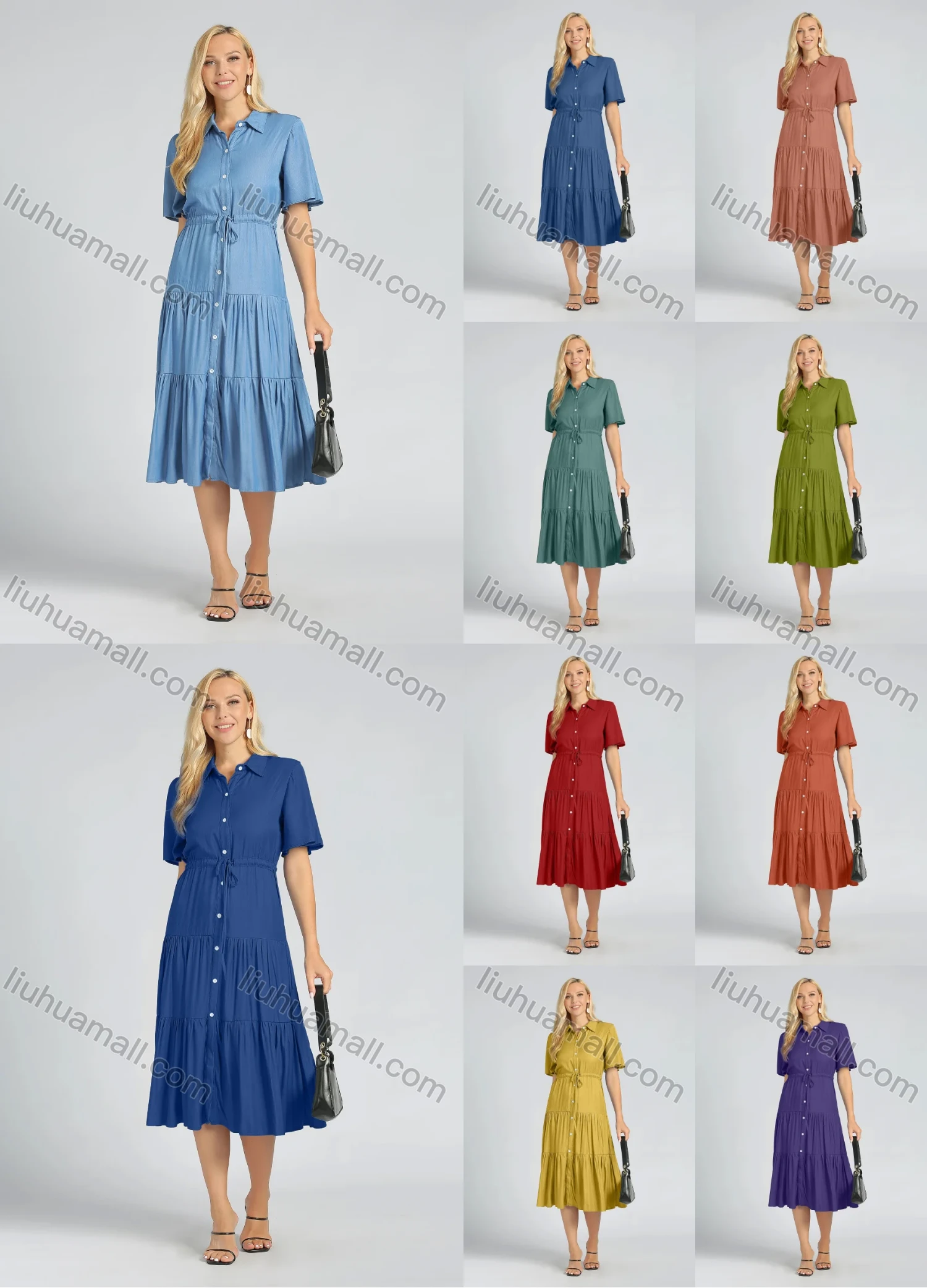 Wholesale Women's High Waist Button Front Layered Hem Short Sleeve Midi Shirt Dress - Liuhuamall