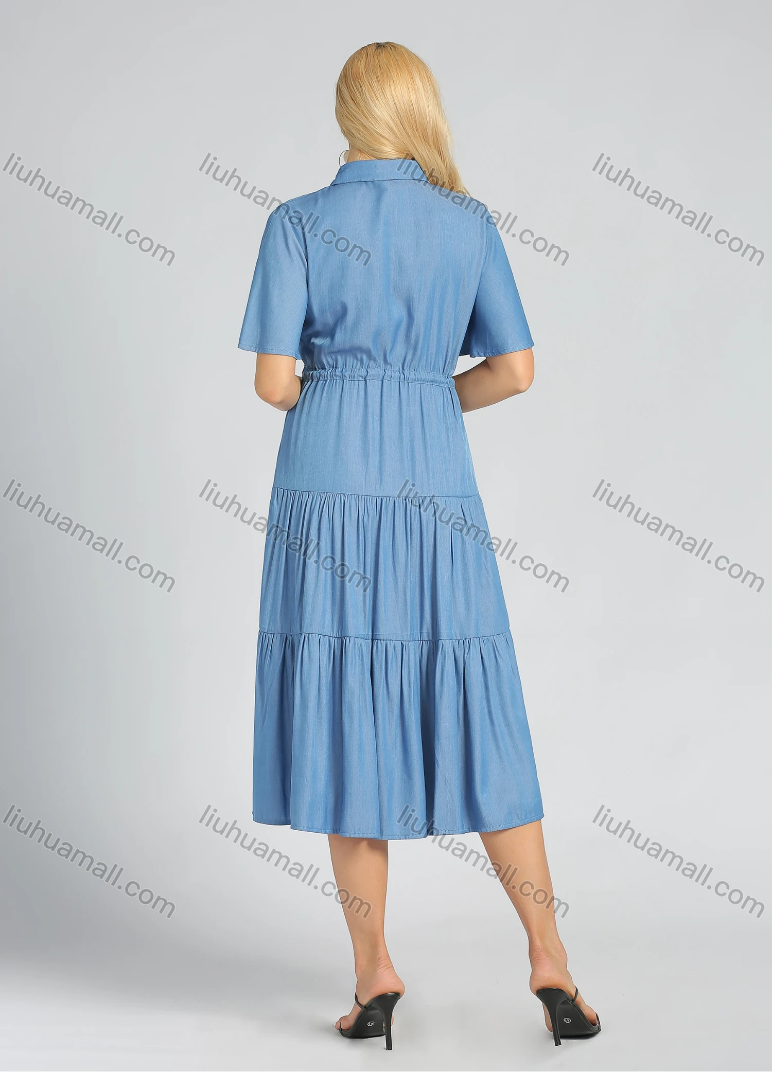 Wholesale Women's High Waist Button Front Layered Hem Short Sleeve Midi Shirt Dress - Liuhuamall