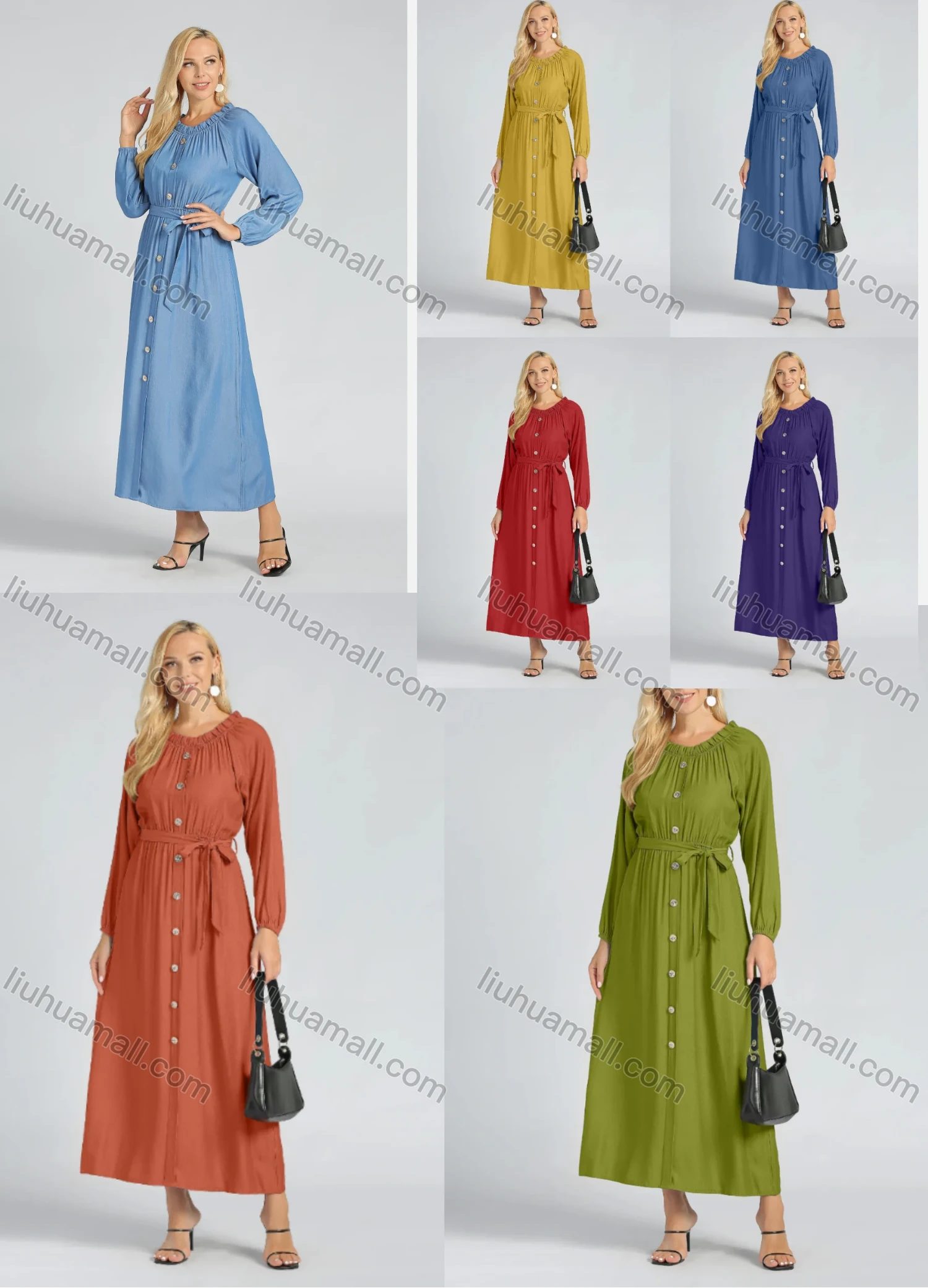 Wholesale Women's Casual Long Sleeve Button Front Plain A-Line Maxi Dress With Belt - Liuhuamall