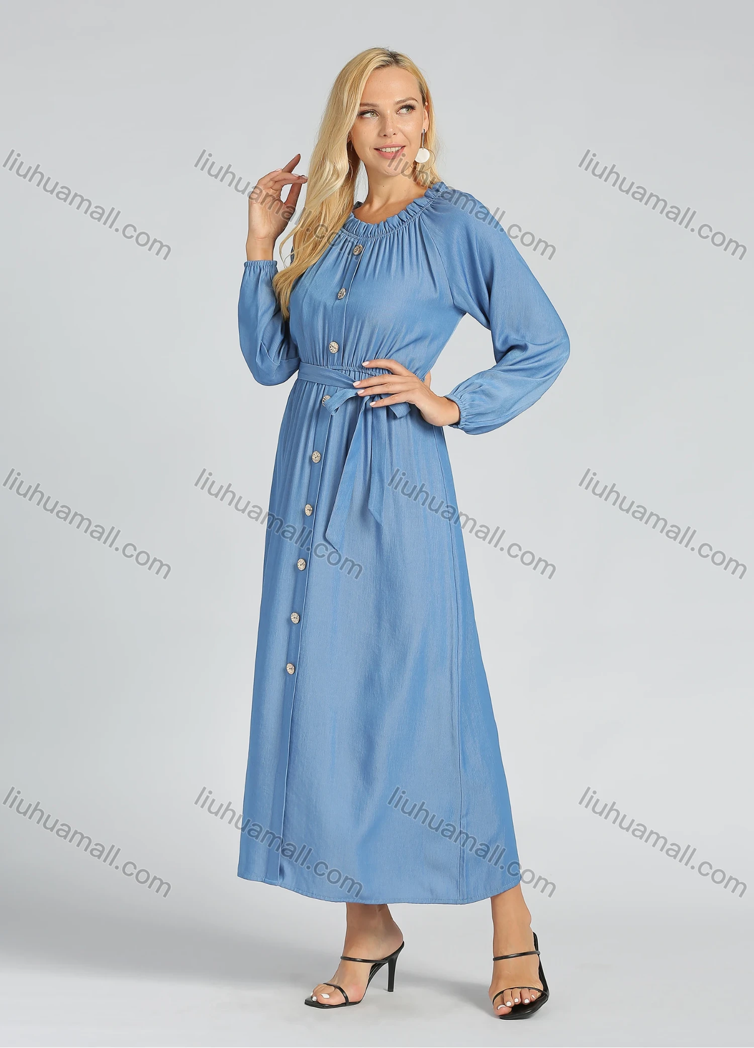 Wholesale Women's Casual Long Sleeve Button Front Plain A-Line Maxi Dress With Belt - Liuhuamall