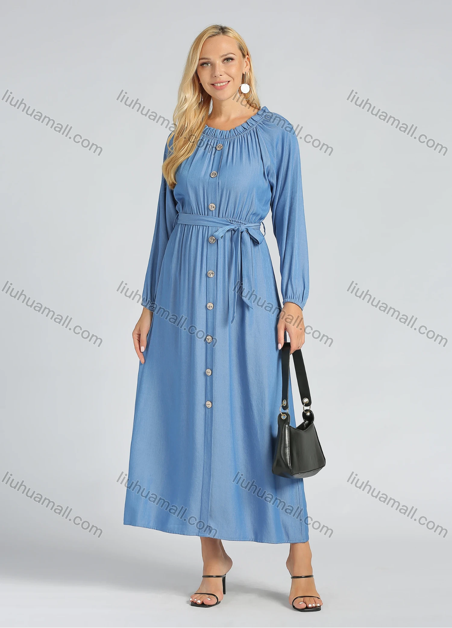 Wholesale Women's Casual Long Sleeve Button Front Plain A-Line Maxi Dress With Belt - Liuhuamall