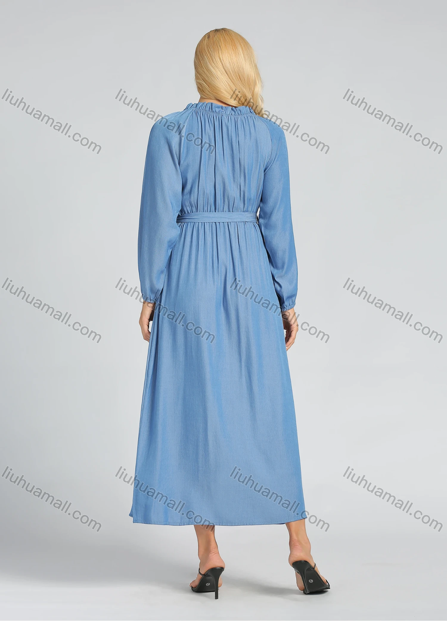 Wholesale Women's Casual Long Sleeve Button Front Plain A-Line Maxi Dress With Belt - Liuhuamall