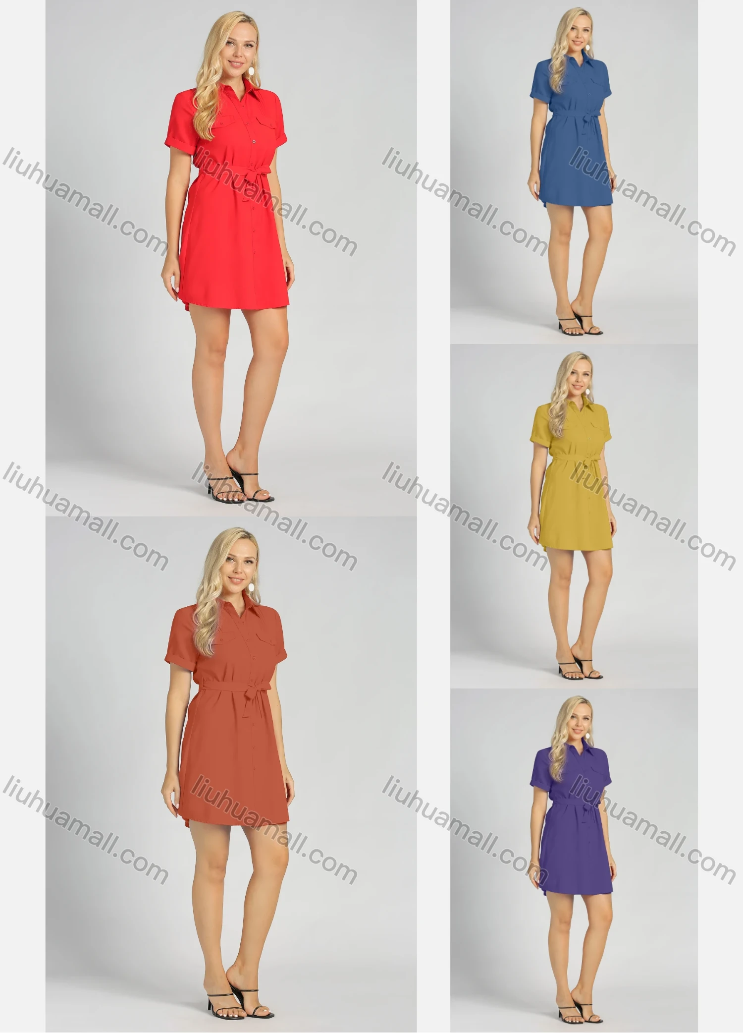 Wholesale Women's Casual Short Sleeve Button Front Belted Plain Short Shirt Dress - Liuhuamall
