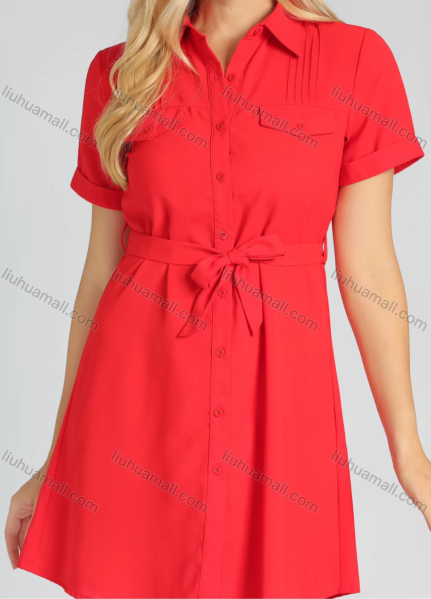 Wholesale Women's Casual Short Sleeve Button Front Belted Plain Short Shirt Dress - Liuhuamall