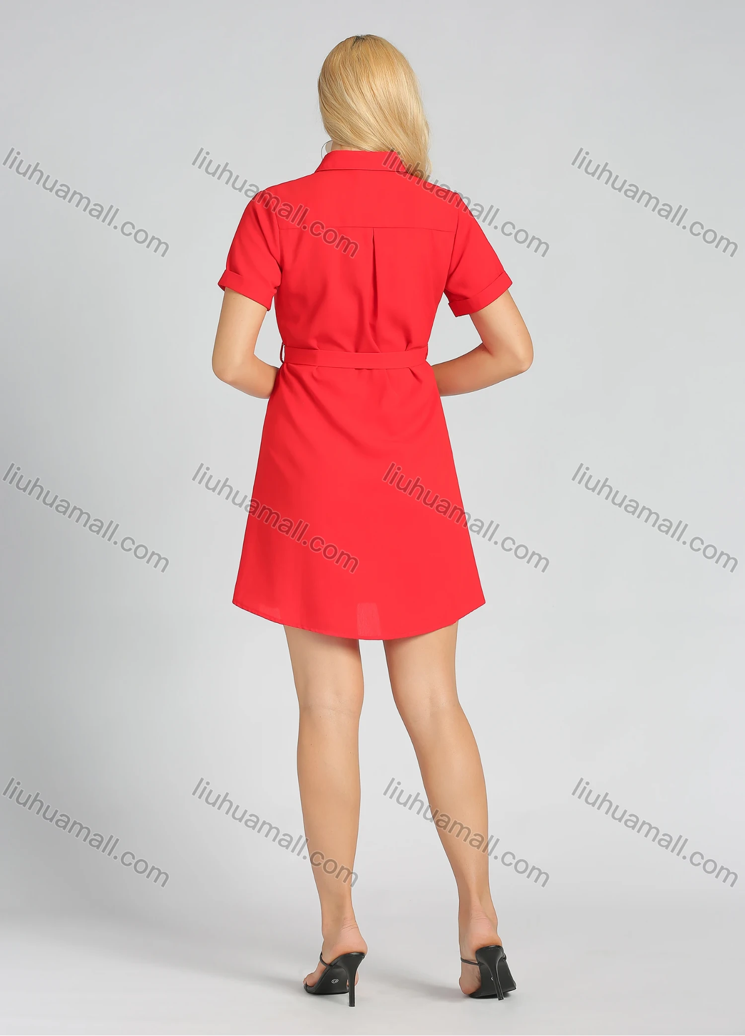 Wholesale Women's Casual Short Sleeve Button Front Belted Plain Short Shirt Dress - Liuhuamall
