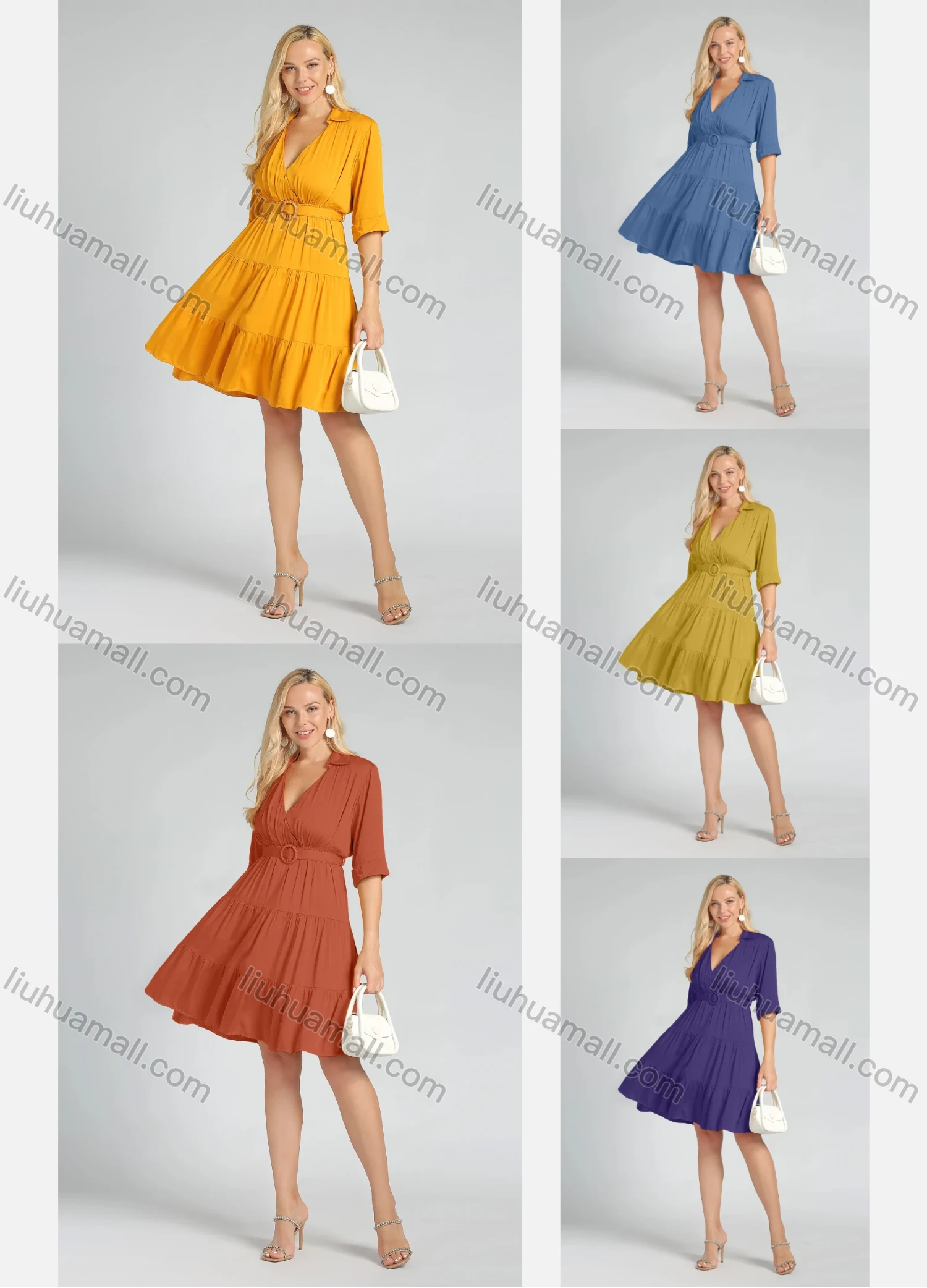 Wholesale Women's Deep V Neck Layered Ruffle Hem Wrap Short Shirt Dress With Belt - Liuhuamall