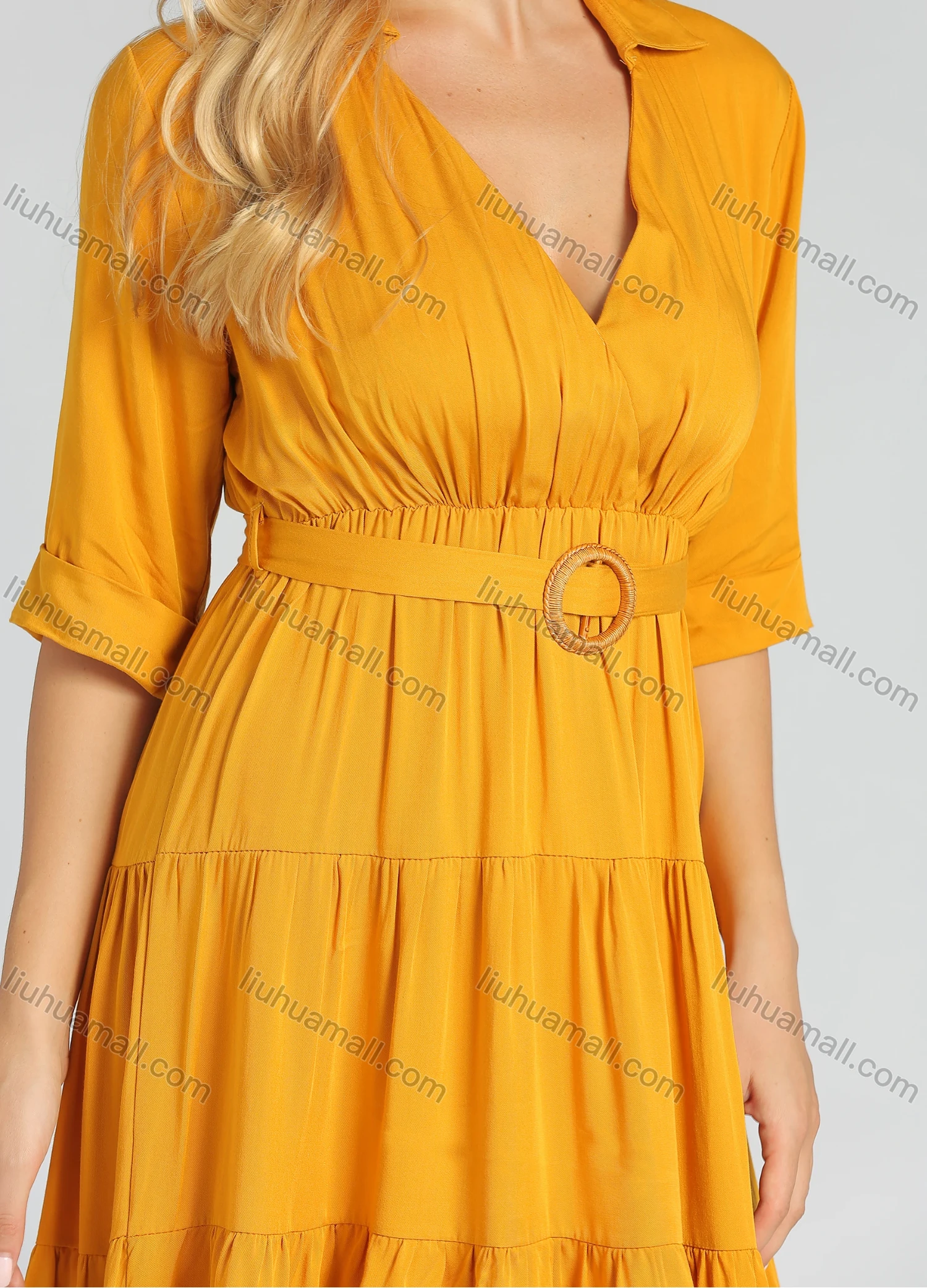 Wholesale Women's Deep V Neck Layered Ruffle Hem Wrap Short Shirt Dress With Belt - Liuhuamall