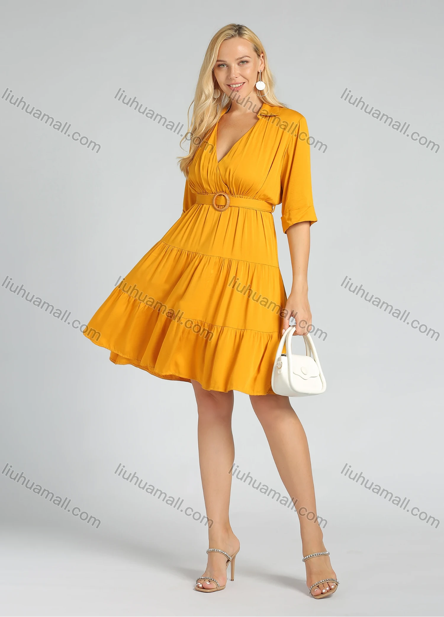 Wholesale Women's Deep V Neck Layered Ruffle Hem Wrap Short Shirt Dress With Belt - Liuhuamall