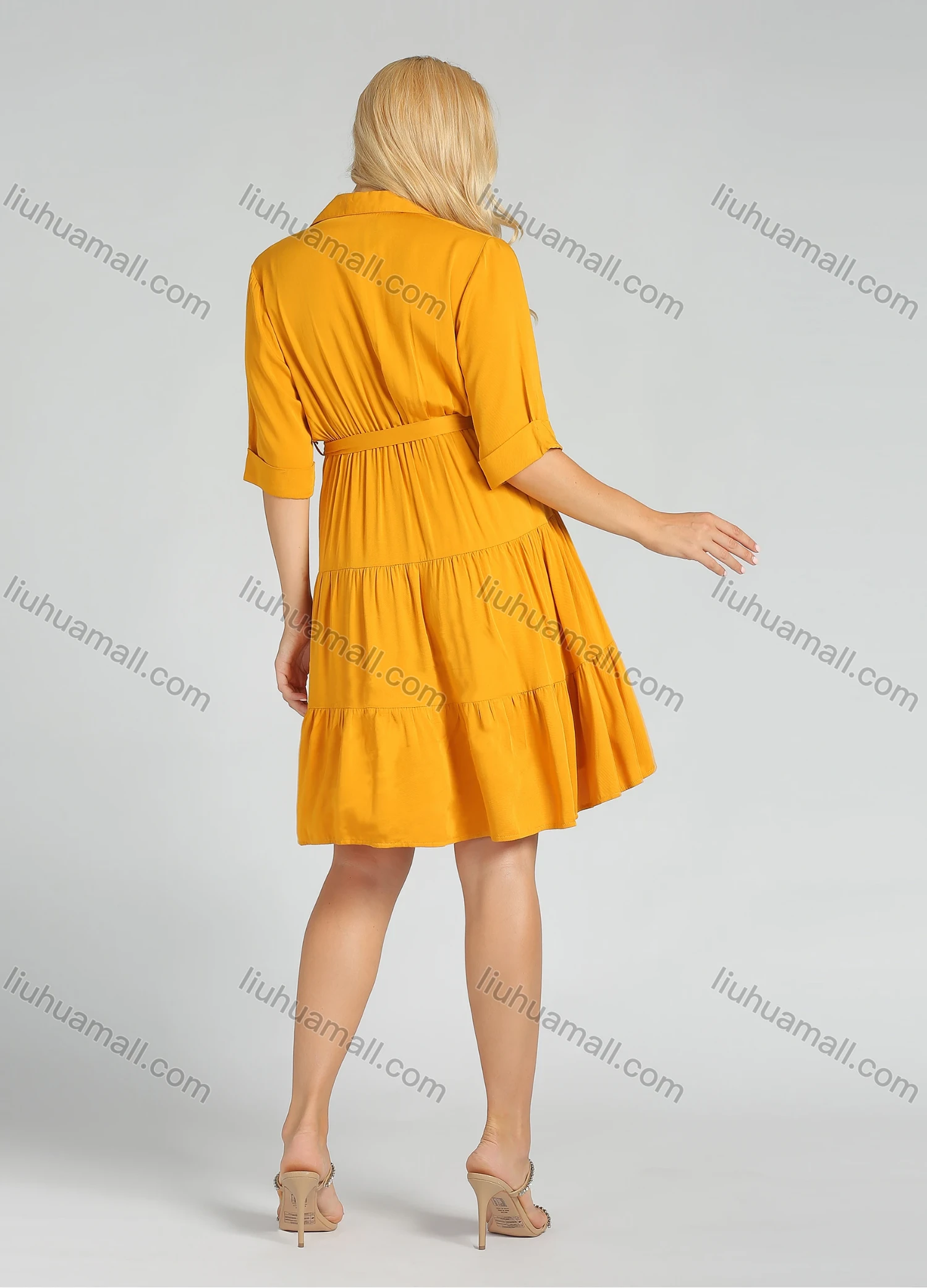 Wholesale Women's Deep V Neck Layered Ruffle Hem Wrap Short Shirt Dress With Belt - Liuhuamall