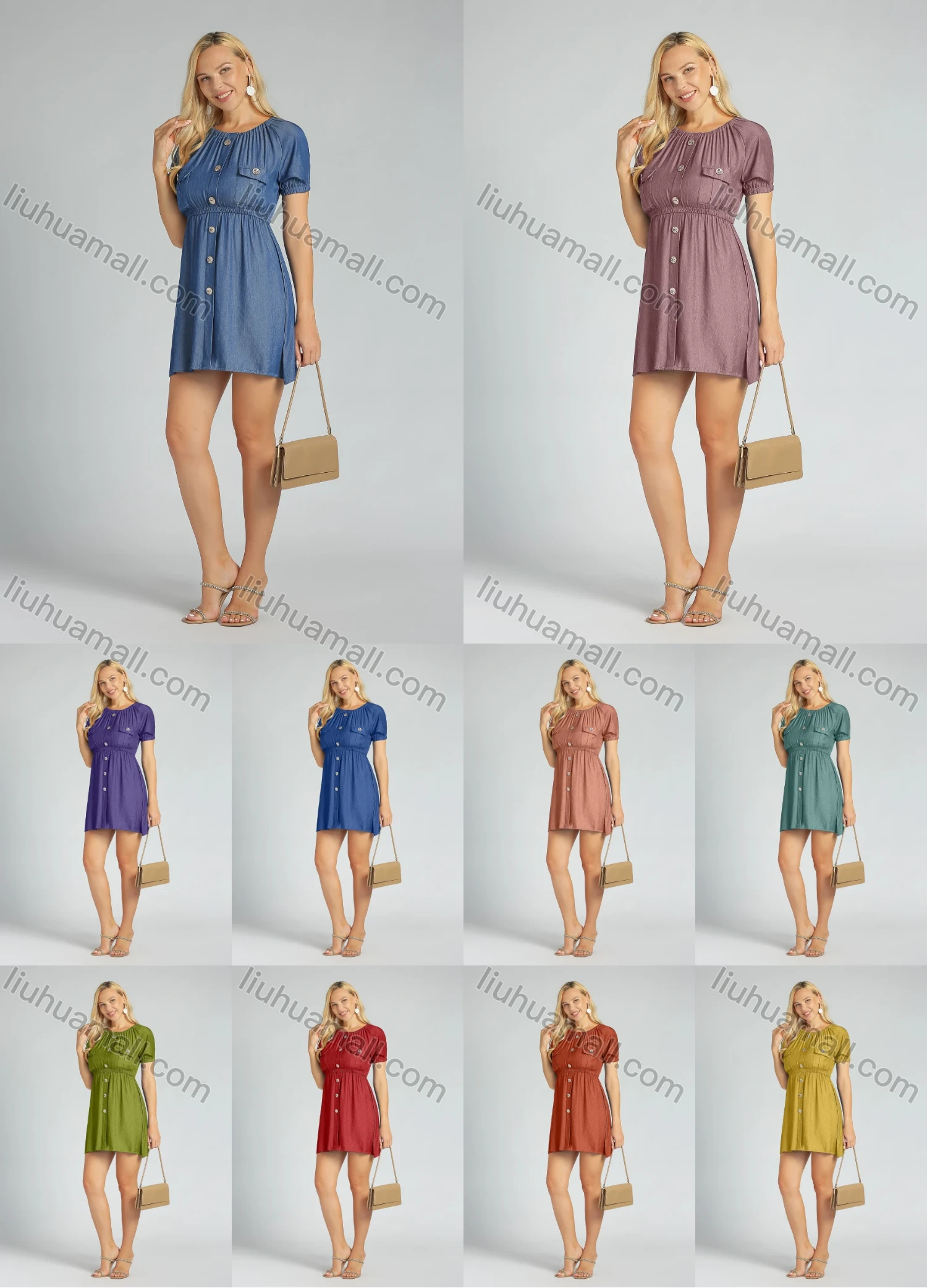 Wholesale Women's High Waist Crew Neck Short Sleeve Mini Dress - Liuhuamall