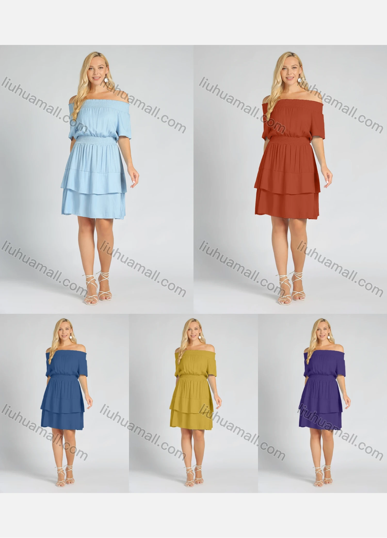 Wholesale Women's Off Shoulder Ruffle Trims Layered Hem Plain Short Dress - Liuhuamall