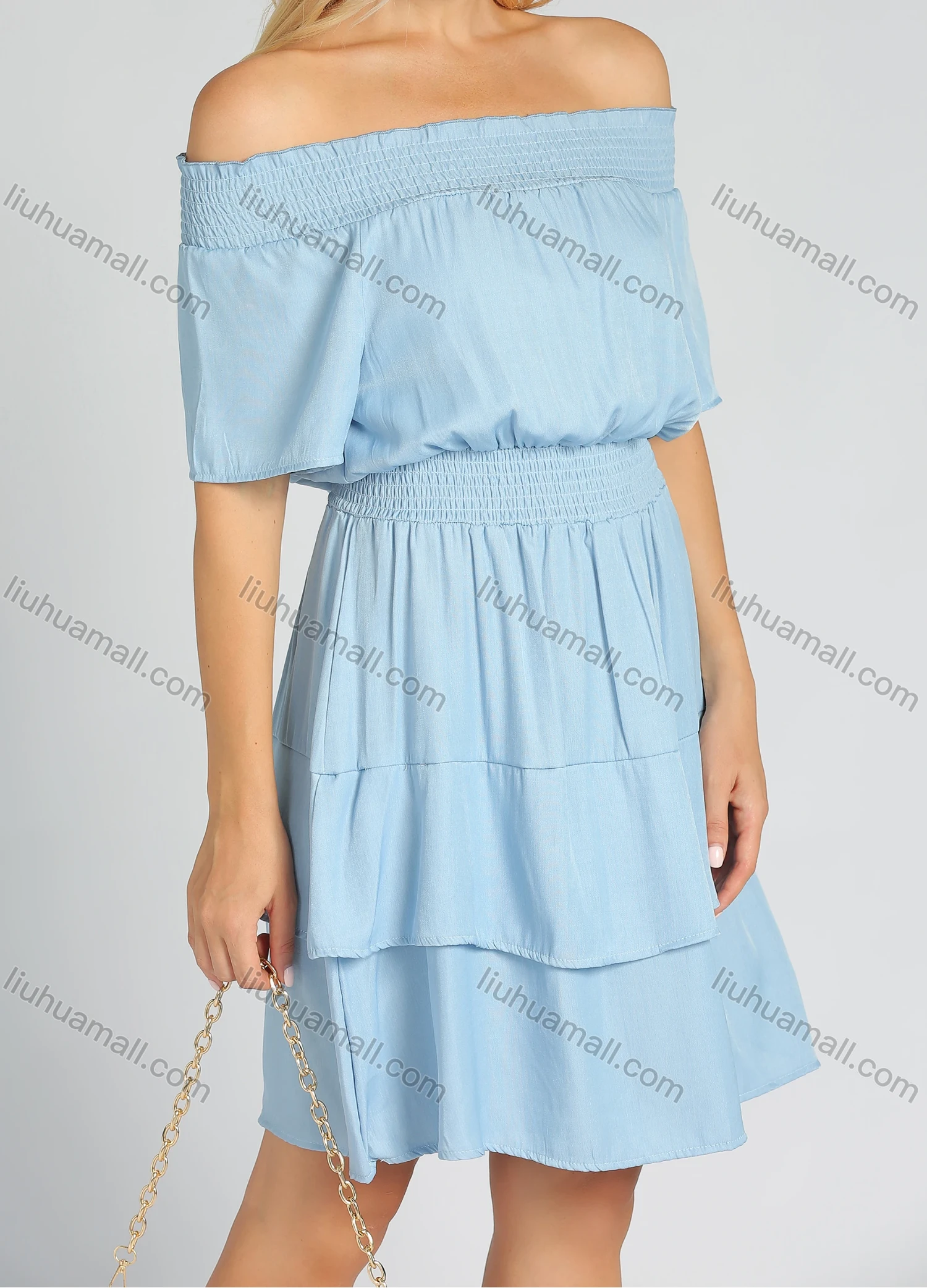 Wholesale Women's Off Shoulder Ruffle Trims Layered Hem Plain Short Dress - Liuhuamall