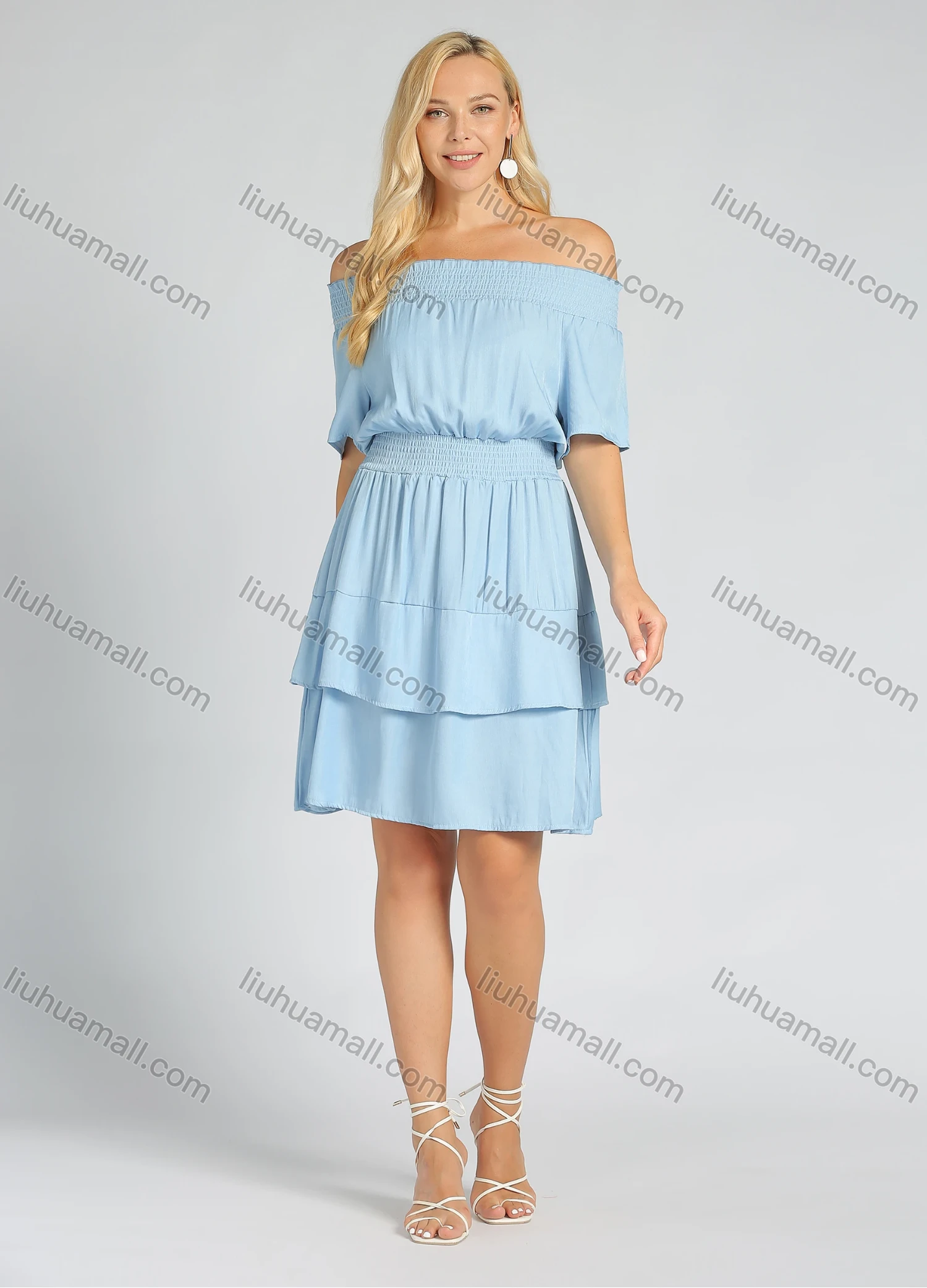 Wholesale Women's Off Shoulder Ruffle Trims Layered Hem Plain Short Dress - Liuhuamall