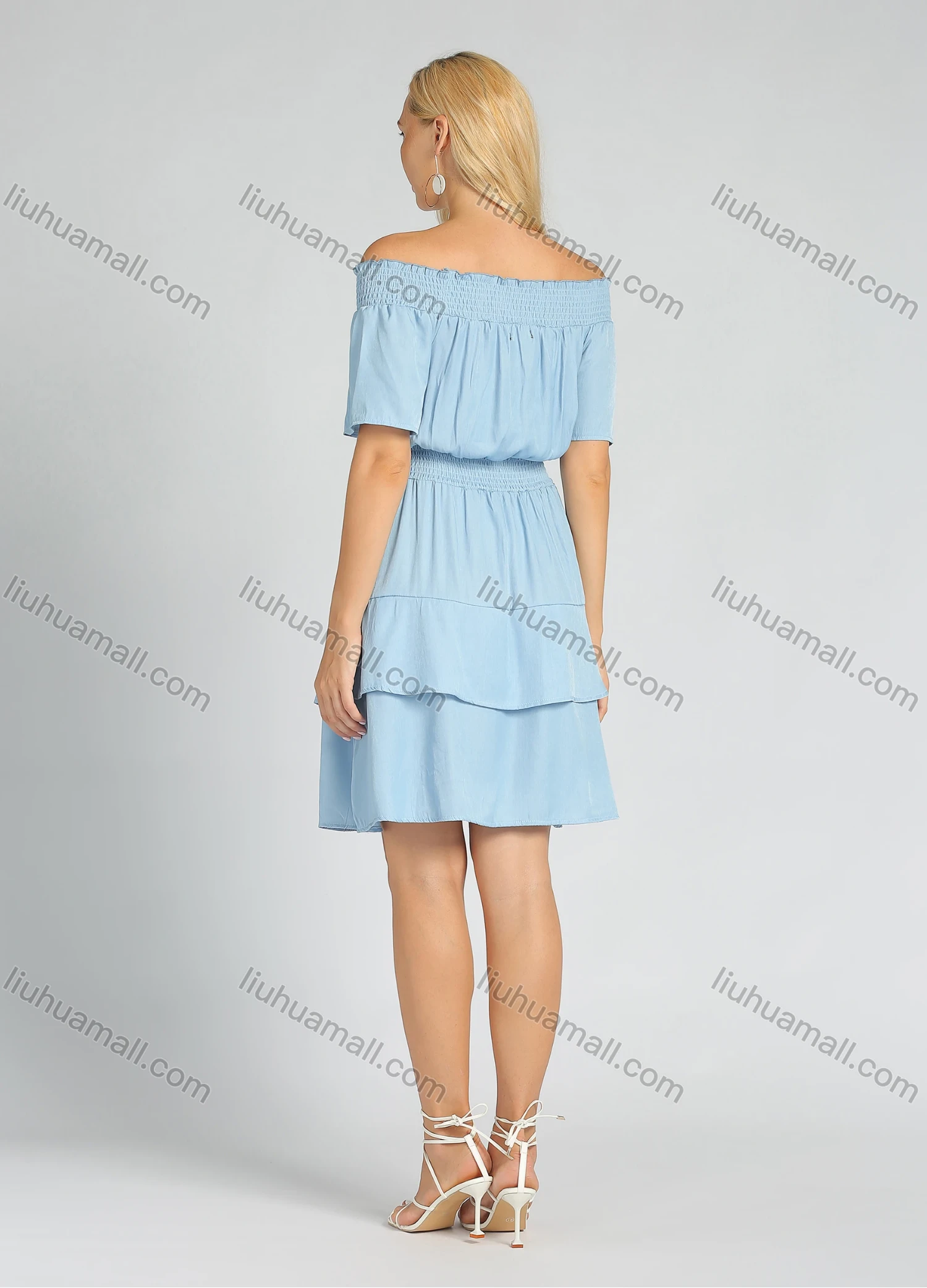 Wholesale Women's Off Shoulder Ruffle Trims Layered Hem Plain Short Dress - Liuhuamall