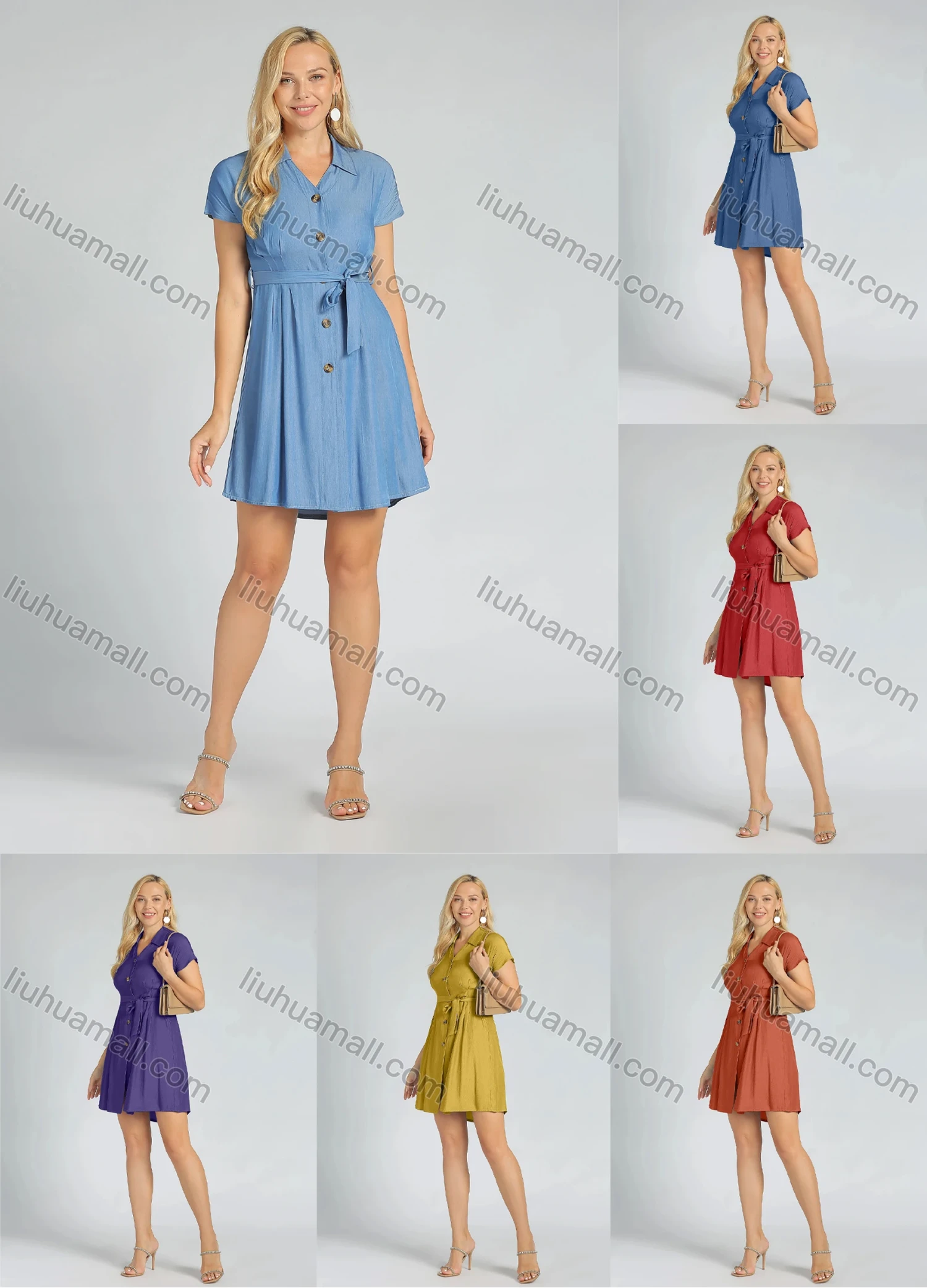 Wholesale Women's V Neck Short Sleeve Button Front Plain Mini Shirt Dress With Belt - Liuhuamall