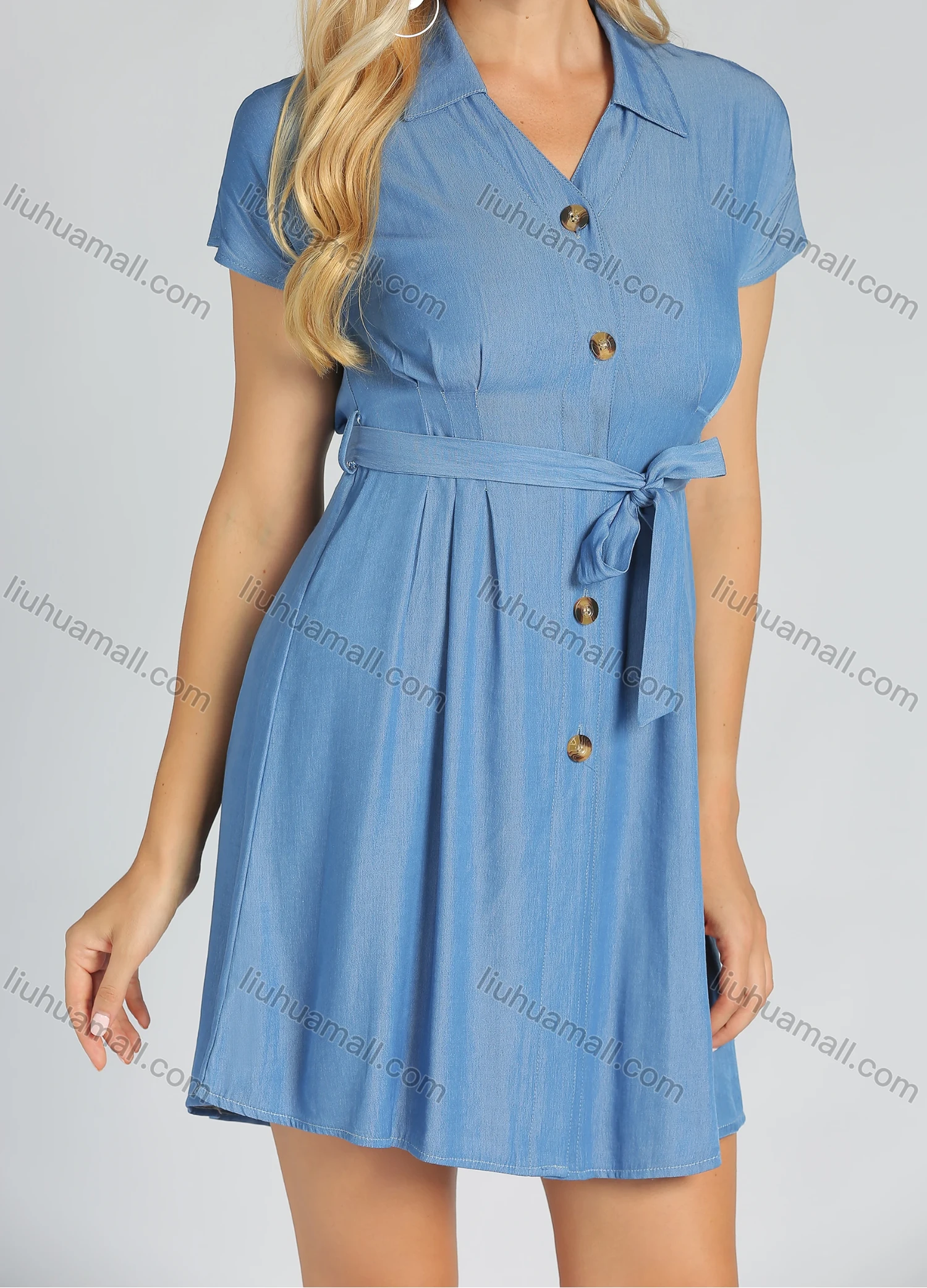 Wholesale Women's V Neck Short Sleeve Button Front Plain Mini Shirt Dress With Belt - Liuhuamall