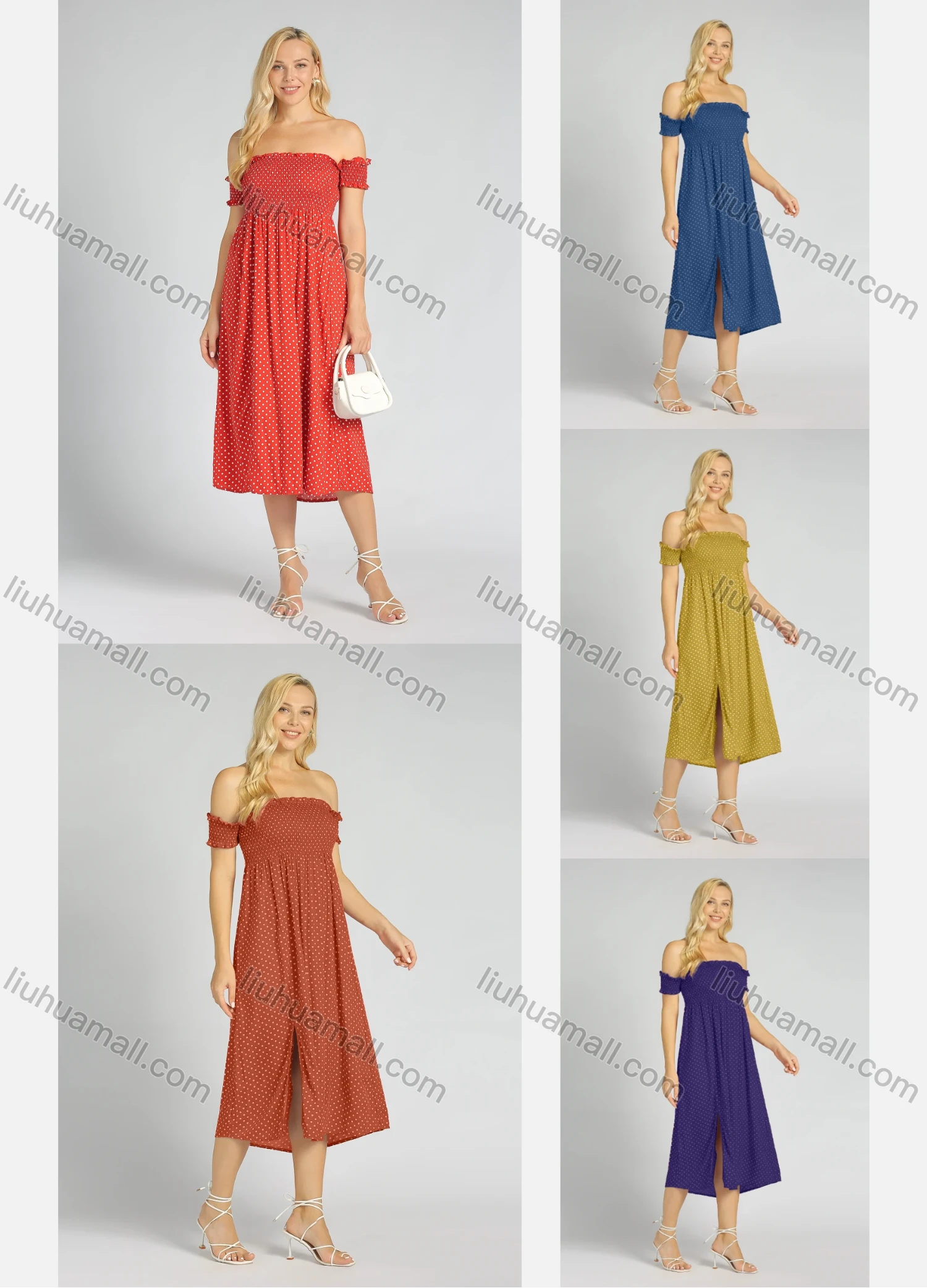 Wholesale Women's Polka Dot Off Shoulder Slit Hem Midi Dress - Liuhuamall