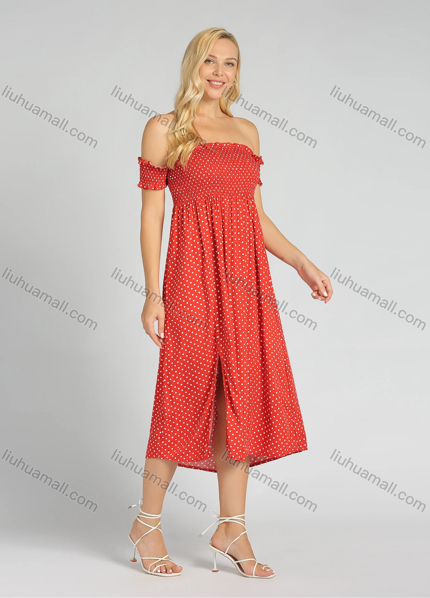 Wholesale Women's Polka Dot Off Shoulder Slit Hem Midi Dress - Liuhuamall