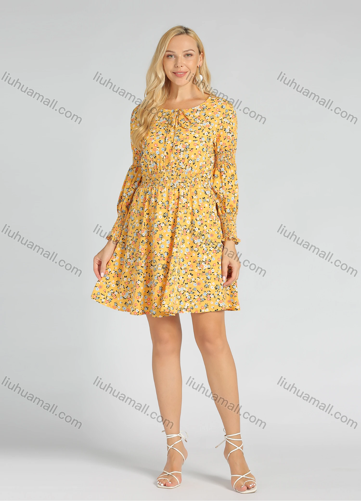 Wholesale Women's Casual Ditsy Floral Tie Neck Bishop Sleeve High Waist Short Dress - Liuhuamall