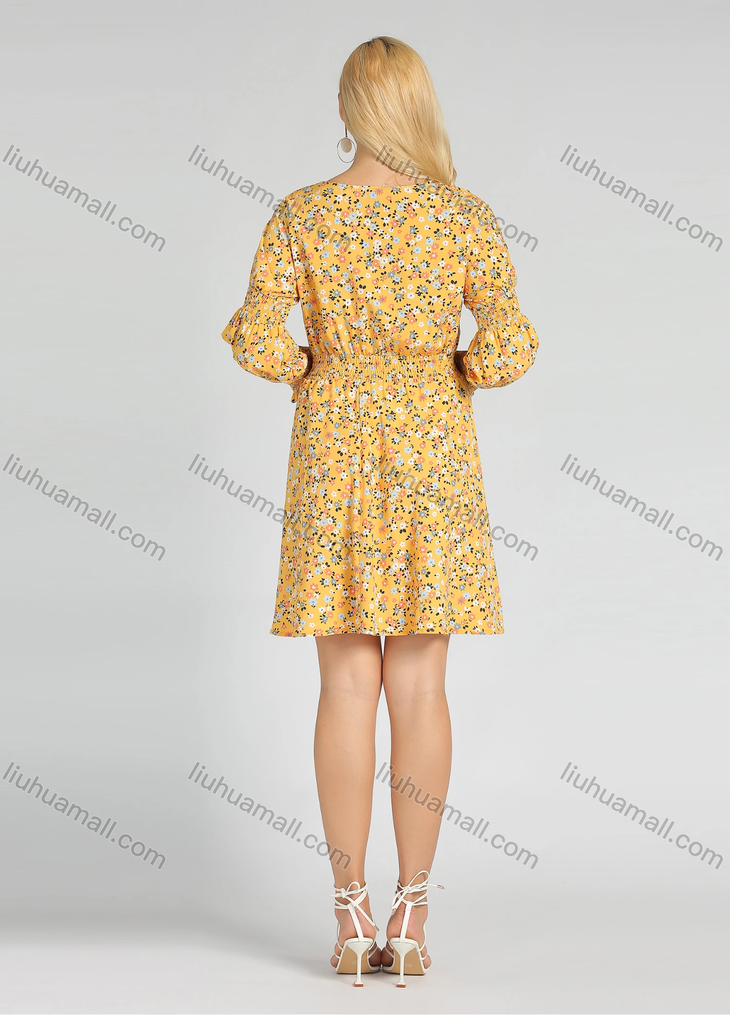 Wholesale Women's Casual Ditsy Floral Tie Neck Bishop Sleeve High Waist Short Dress - Liuhuamall