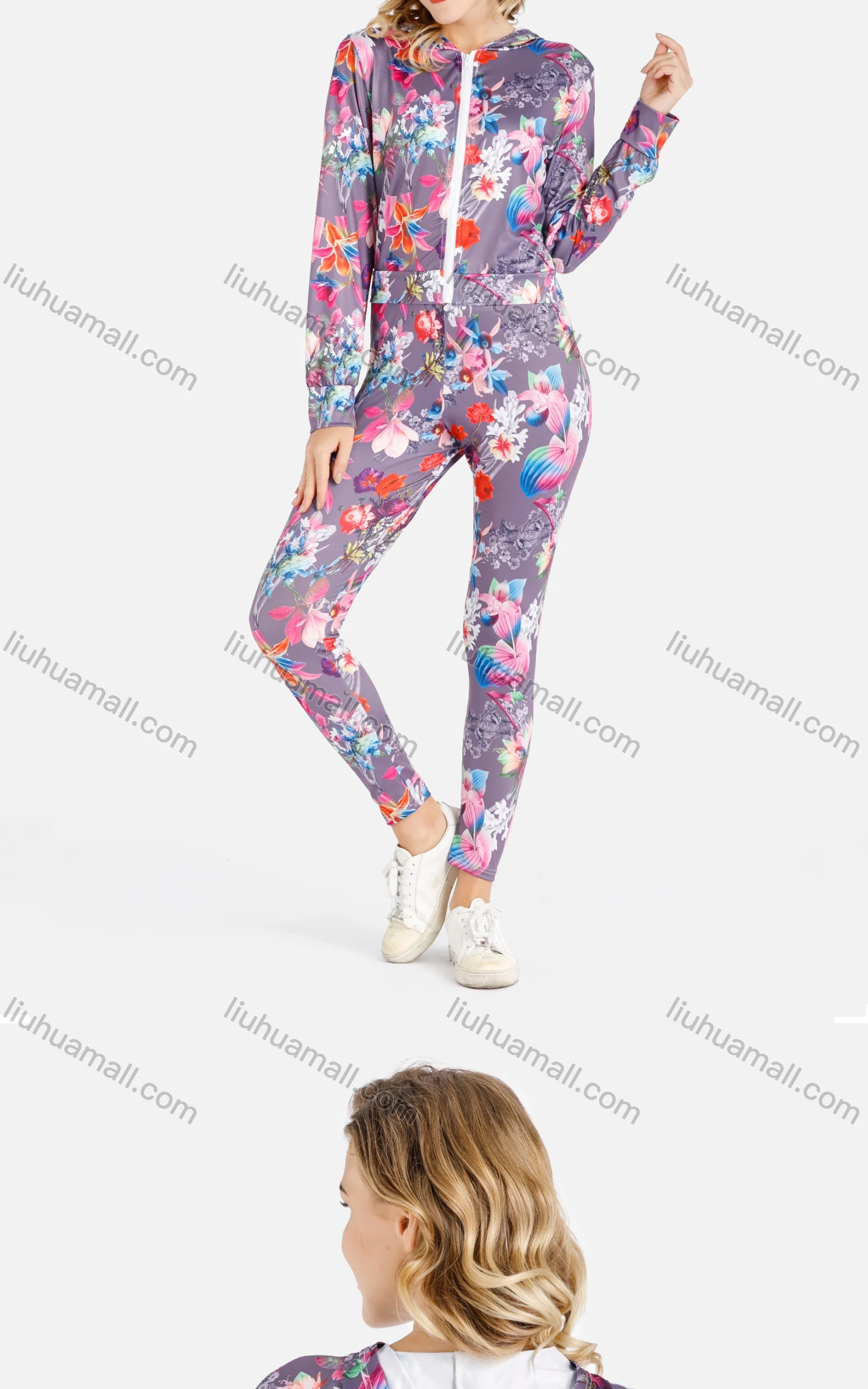 Wholesale Women's Fall Crop Hooded Jacket&Skinny Pants Floral Print Set - Liuhuamall