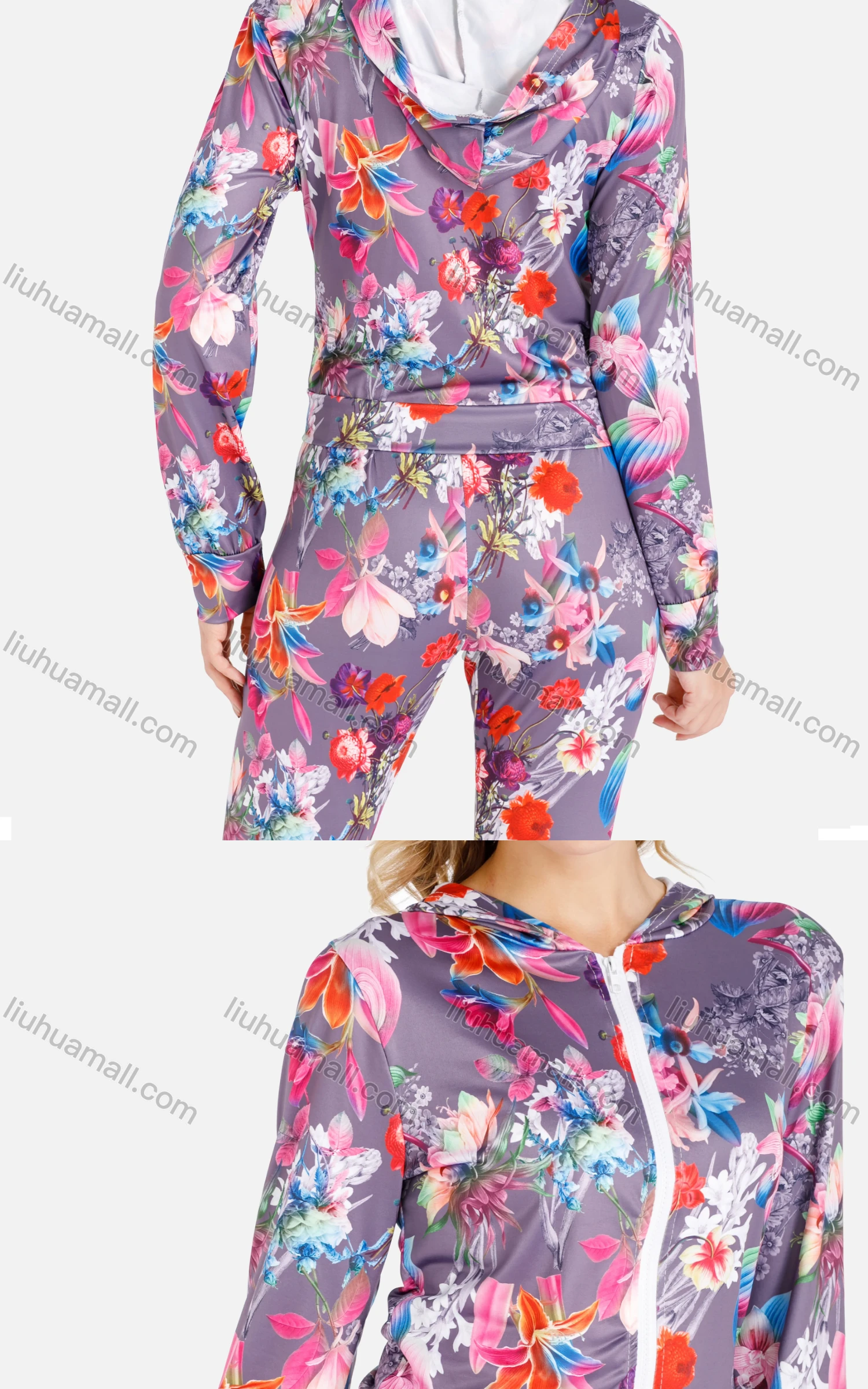 Wholesale Women's Fall Crop Hooded Jacket&Skinny Pants Floral Print Set - Liuhuamall