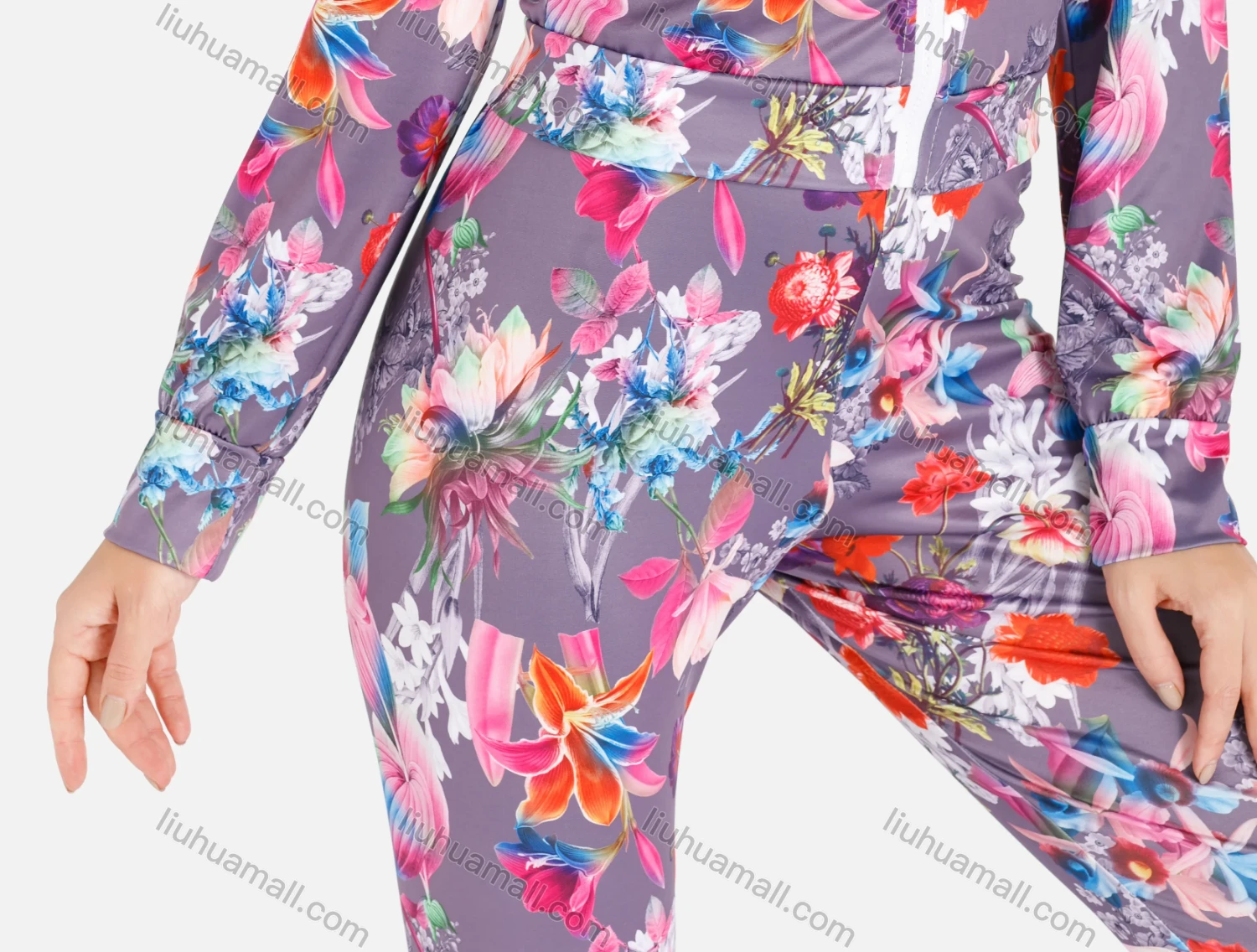 Wholesale Women's Fall Crop Hooded Jacket&Skinny Pants Floral Print Set - Liuhuamall