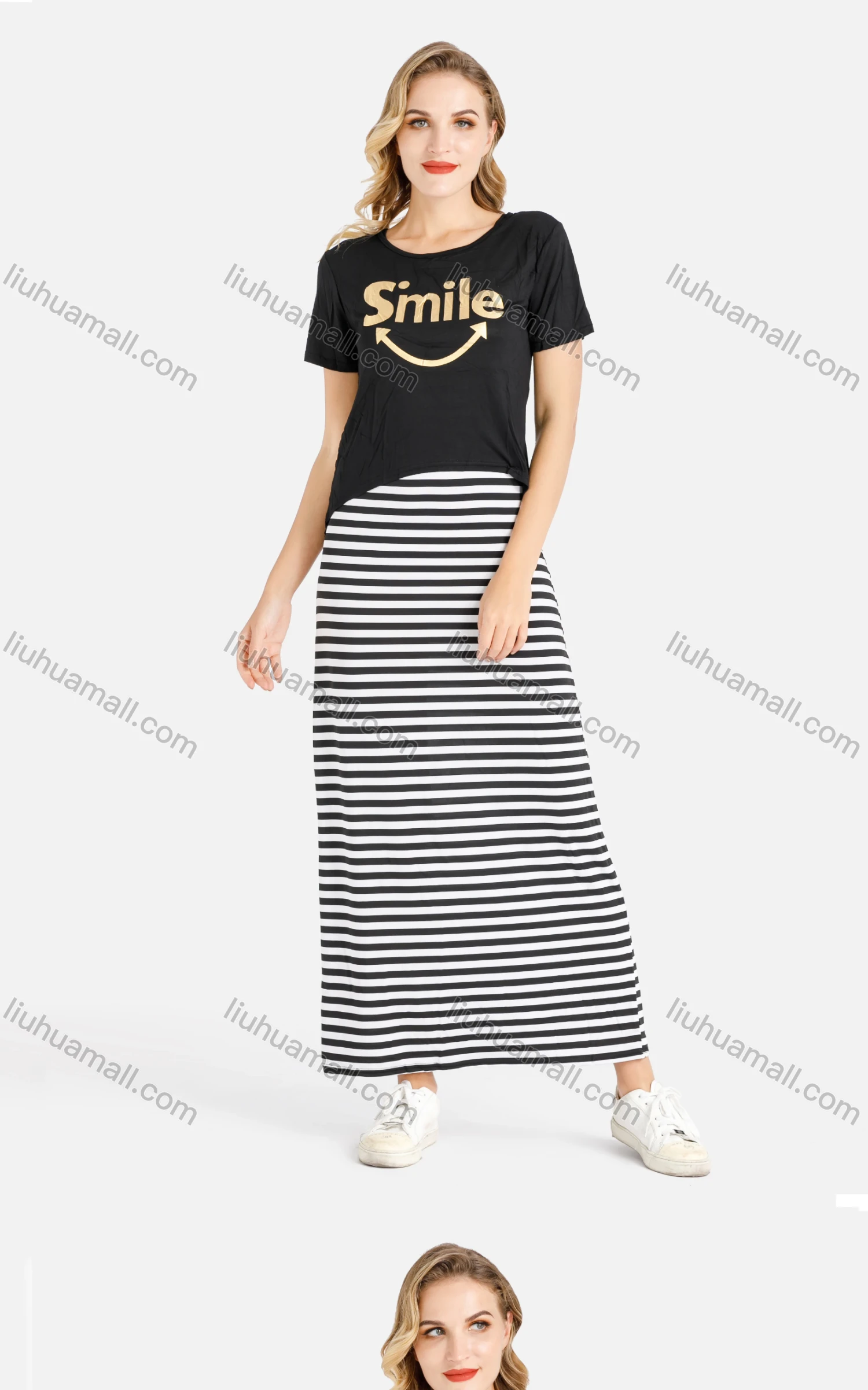 Wholesale Women's Summer Letter Graphic Tee&Striped Maxi Skirt Set - Liuhuamall