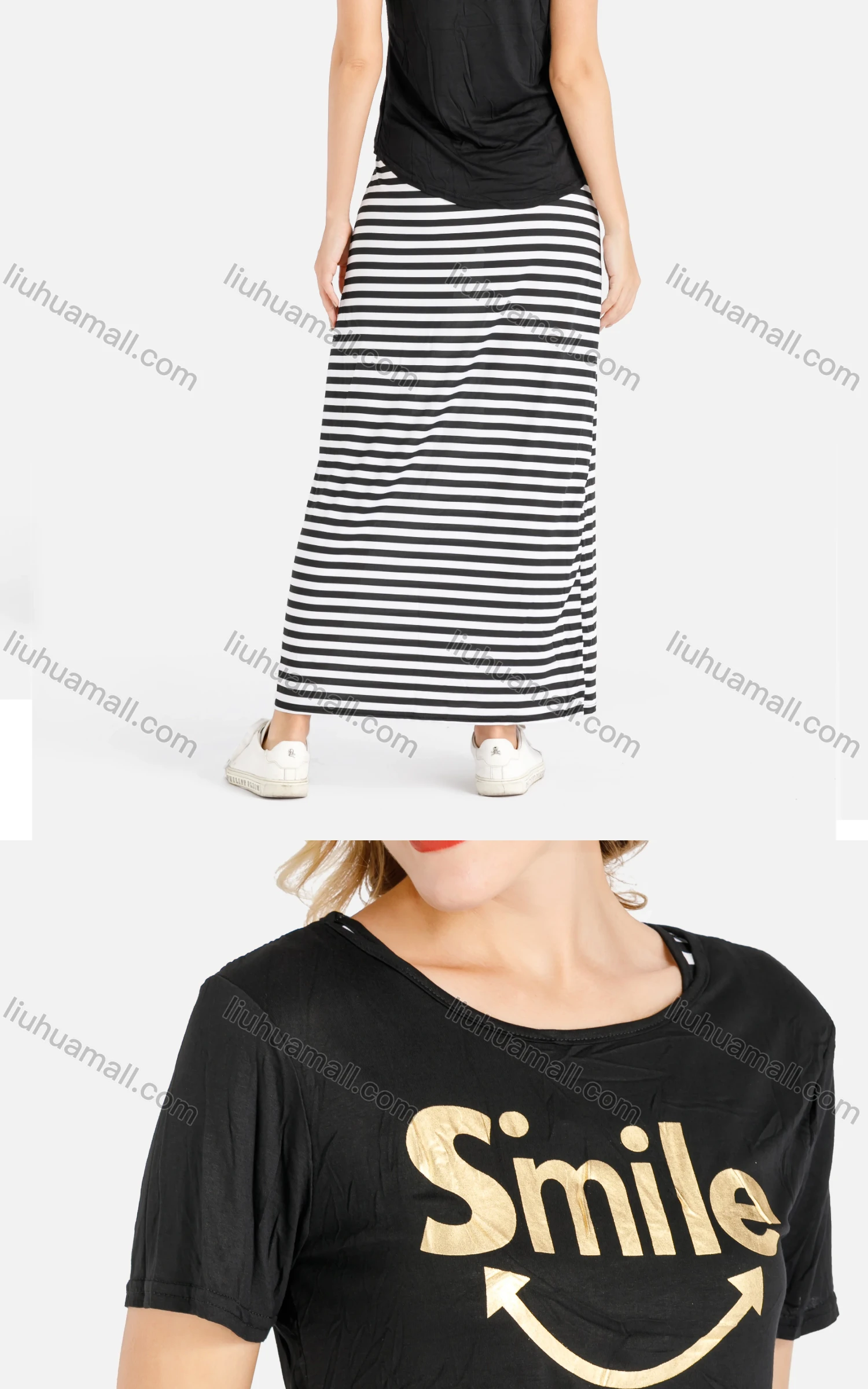 Wholesale Women's Summer Letter Graphic Tee&Striped Maxi Skirt Set - Liuhuamall