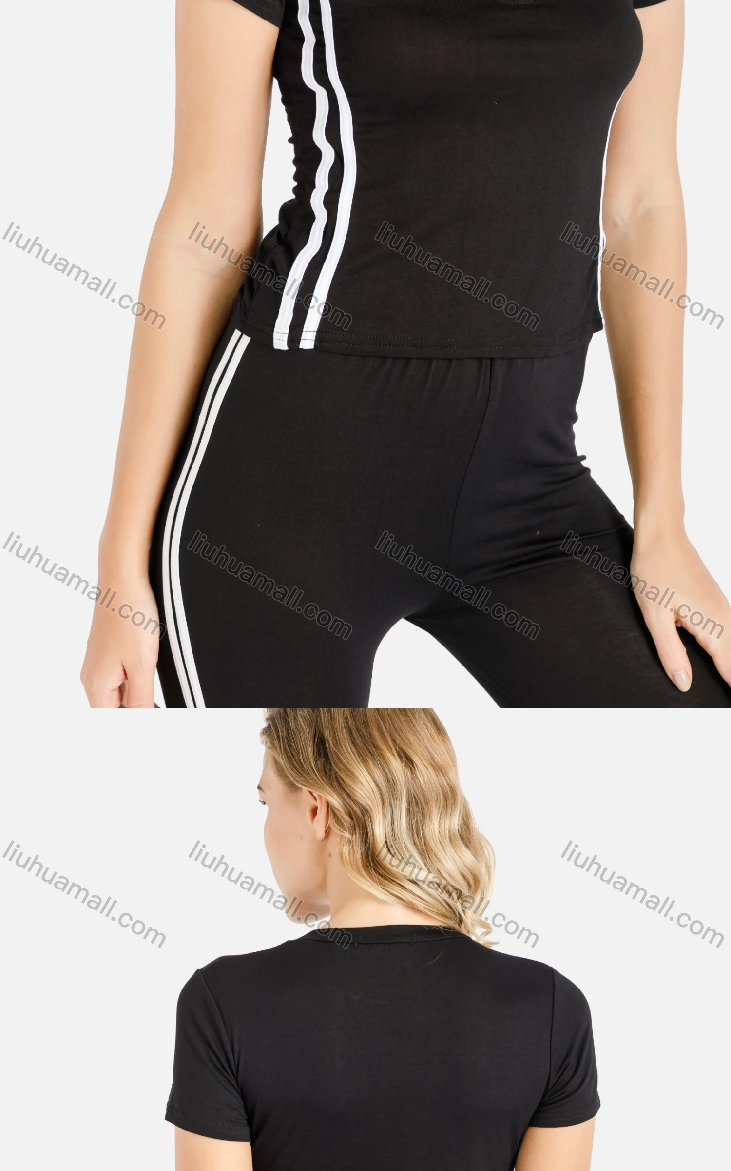 Wholesale Women's Zip Half Tee&Leggings Striped Set - Liuhuamall