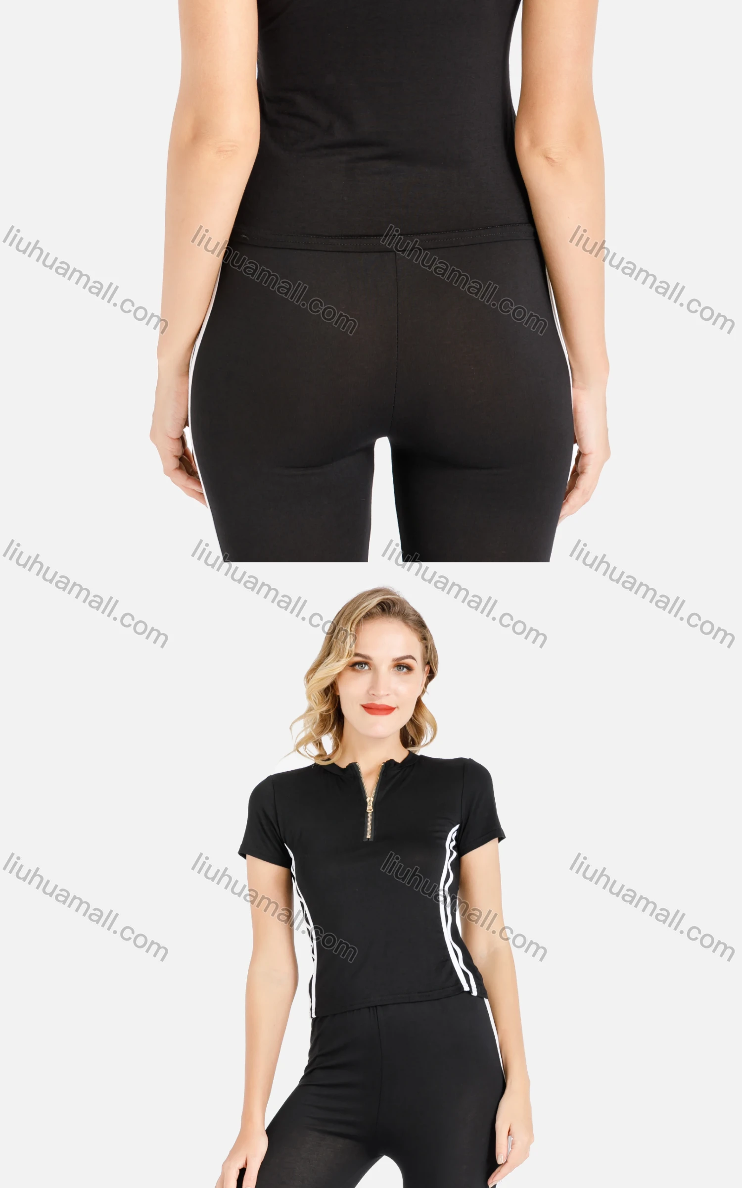 Wholesale Women's Zip Half Tee&Leggings Striped Set - Liuhuamall