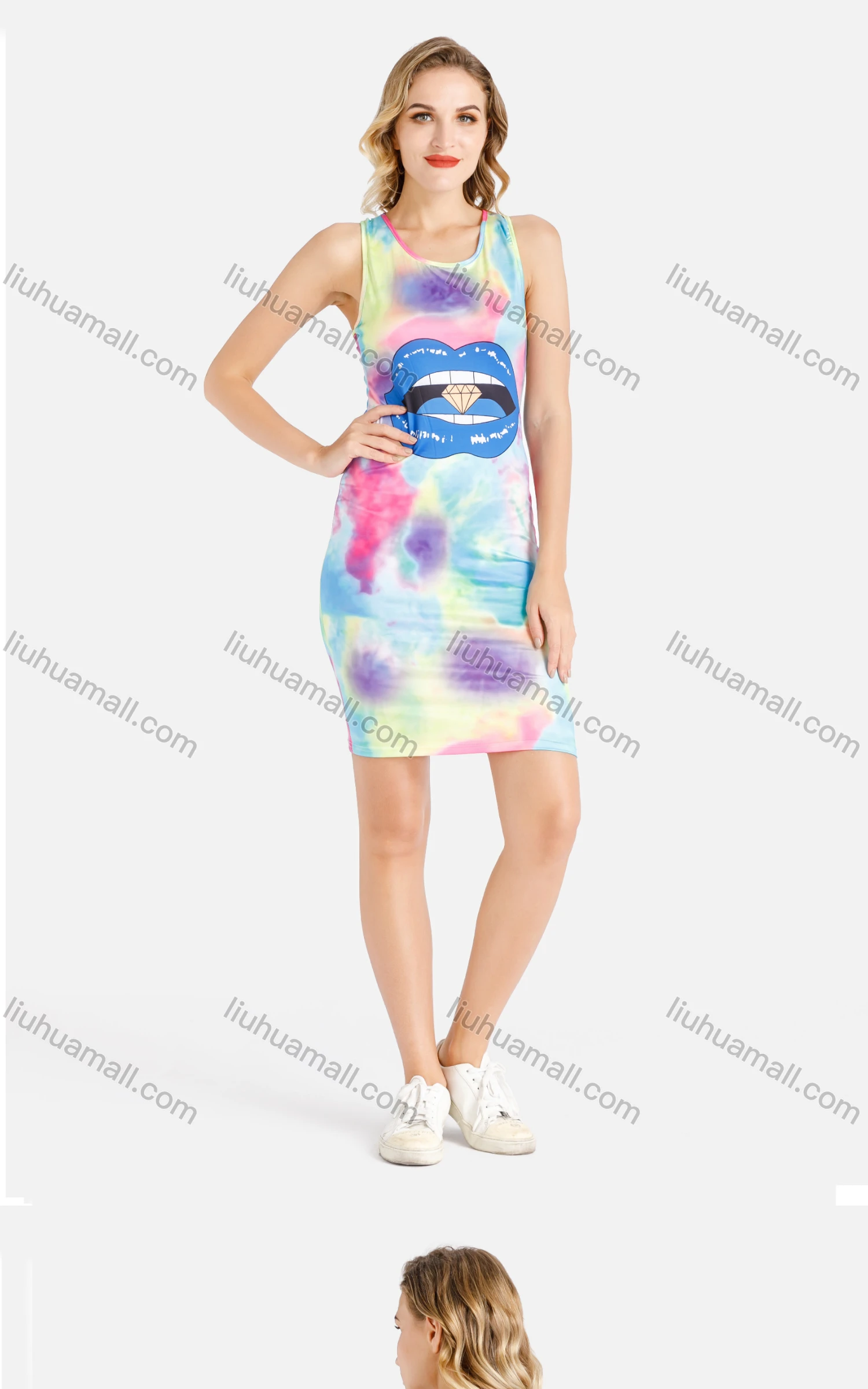 Wholesale Women's Casual Lip & Diamond Graphic Tie Dye Racerback Short Tank Dress - Liuhuamall