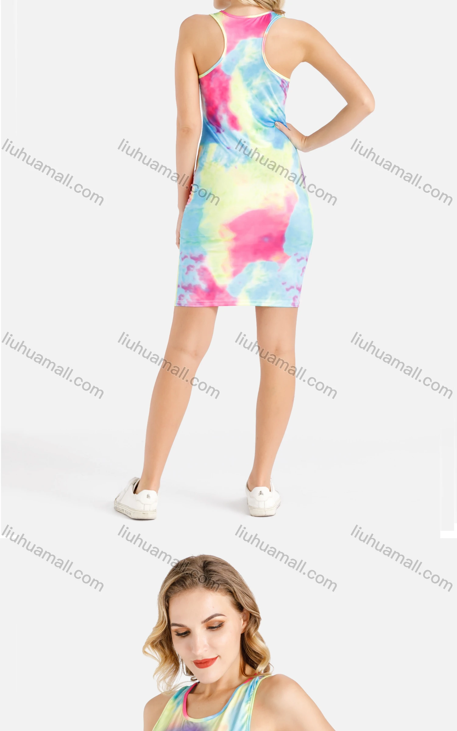 Wholesale Women's Casual Lip & Diamond Graphic Tie Dye Racerback Short Tank Dress - Liuhuamall