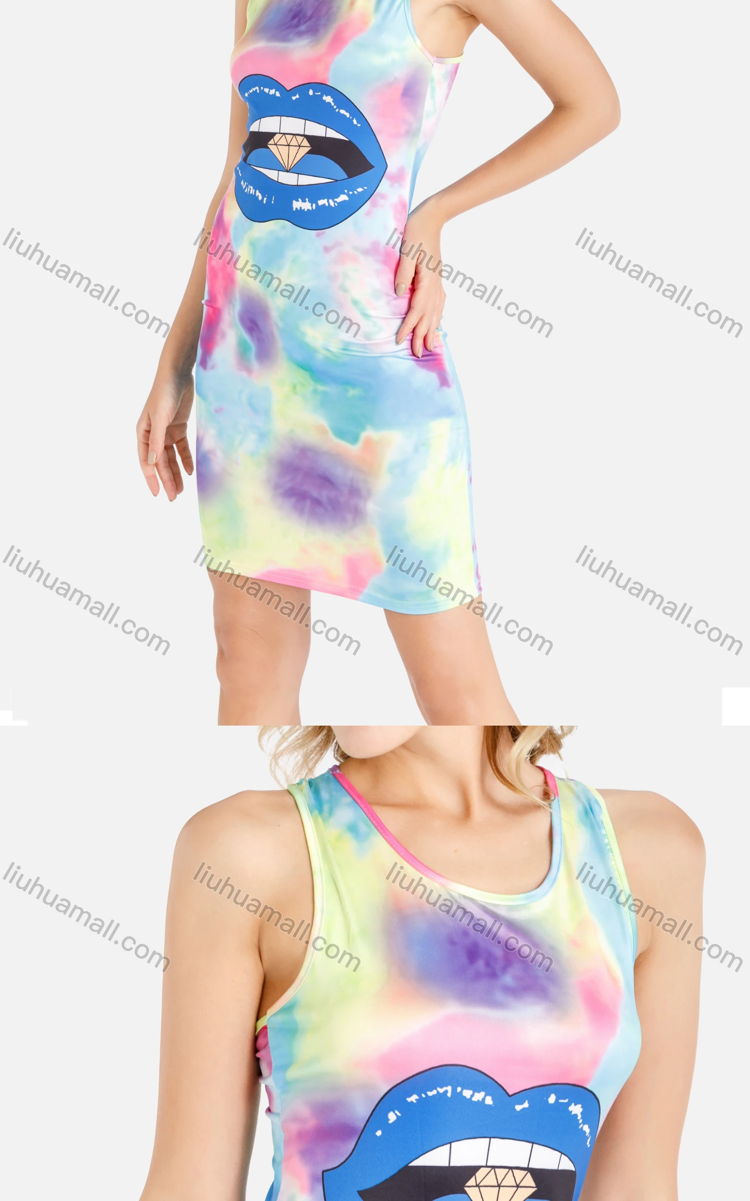 Wholesale Women's Casual Lip & Diamond Graphic Tie Dye Racerback Short Tank Dress - Liuhuamall