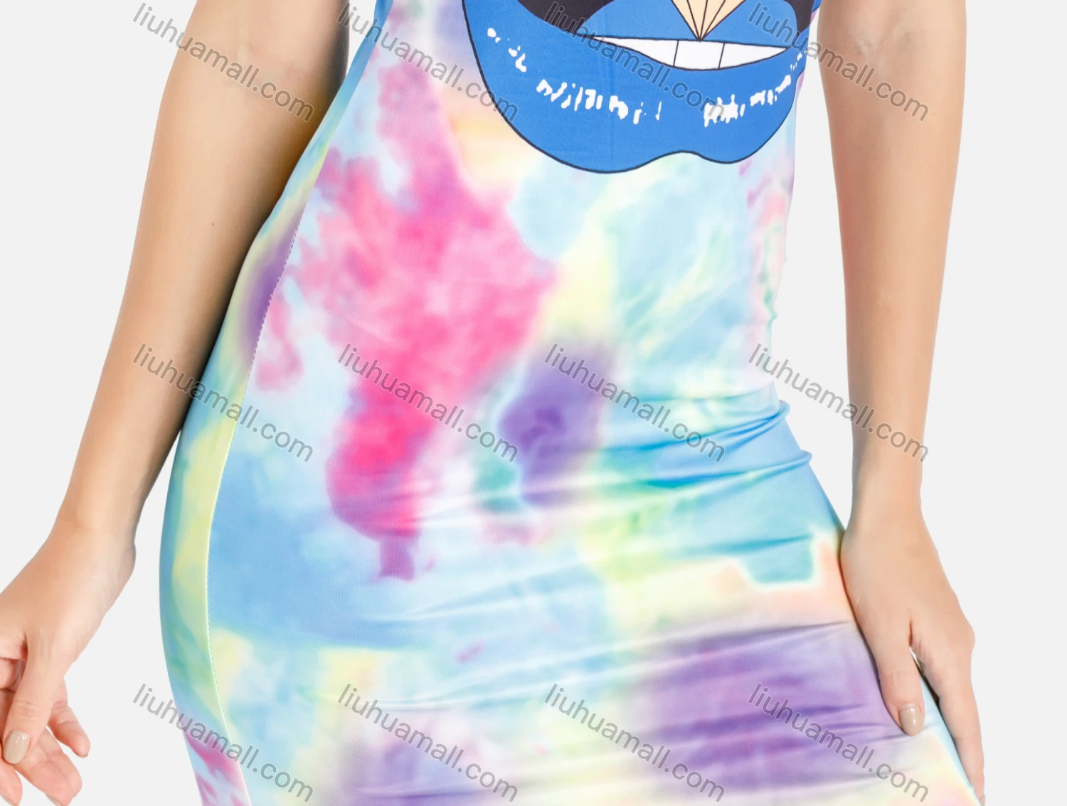 Wholesale Women's Casual Lip & Diamond Graphic Tie Dye Racerback Short Tank Dress - Liuhuamall